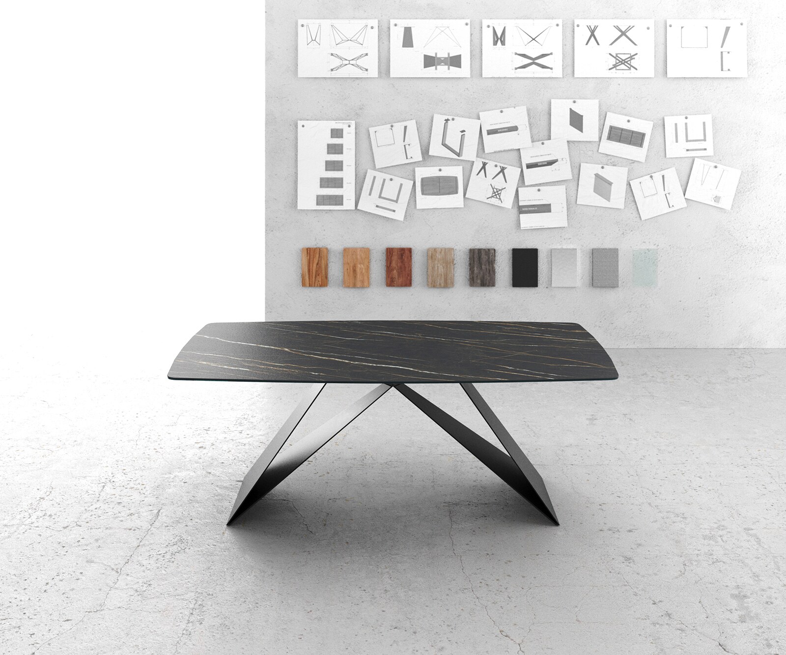 Трапезна маса Edge с форма на ботуш 200x100 см, Laminam, ®, керамика Noir Desir, кафява, с V-образна централна опора, черна 2