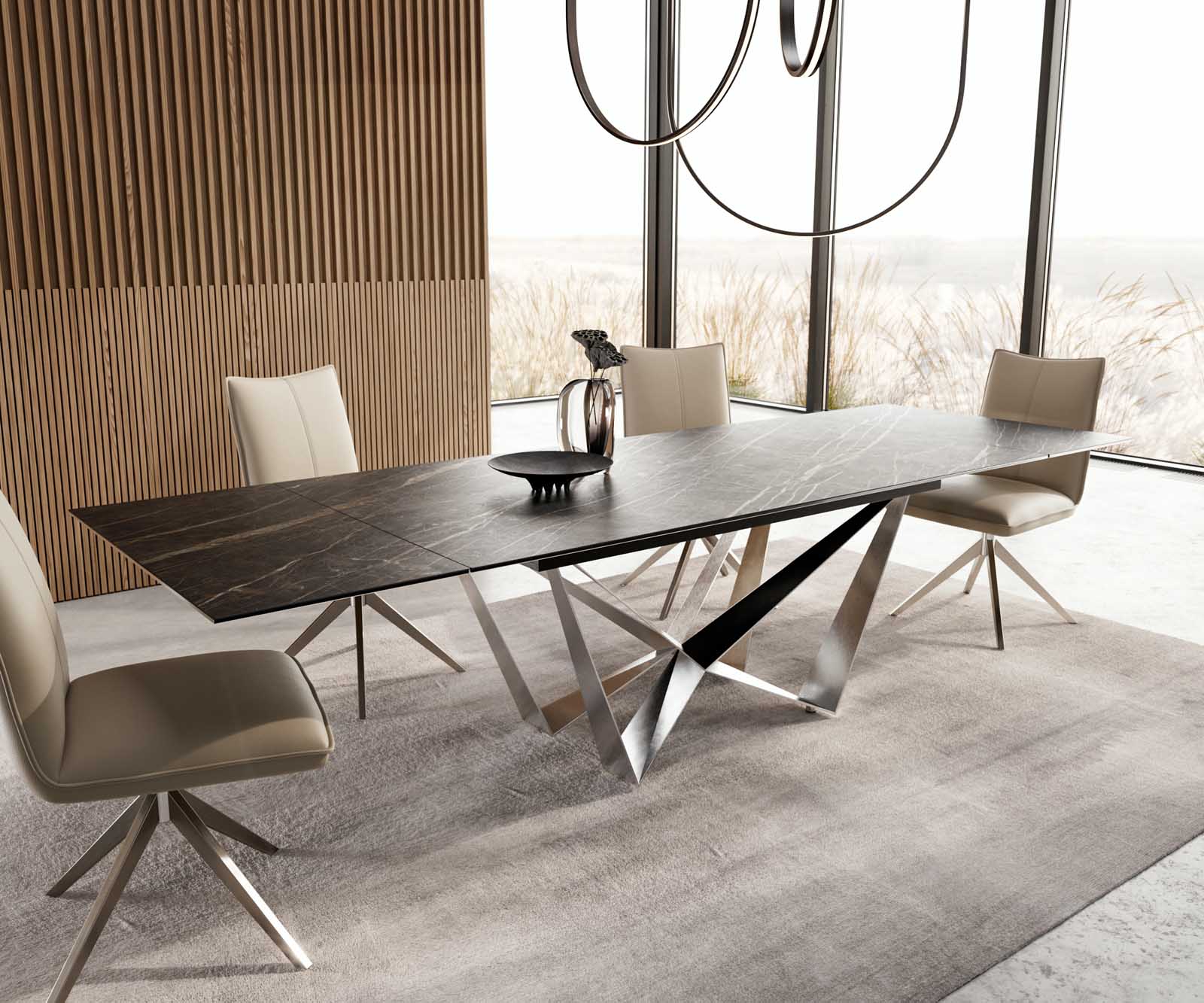 Разтегателна трапезна маса Edge 200-300х100 см Керамика Laminam®Noir Desir Кафяв Основа стомана тип Spider Сребристосив цвят 7
