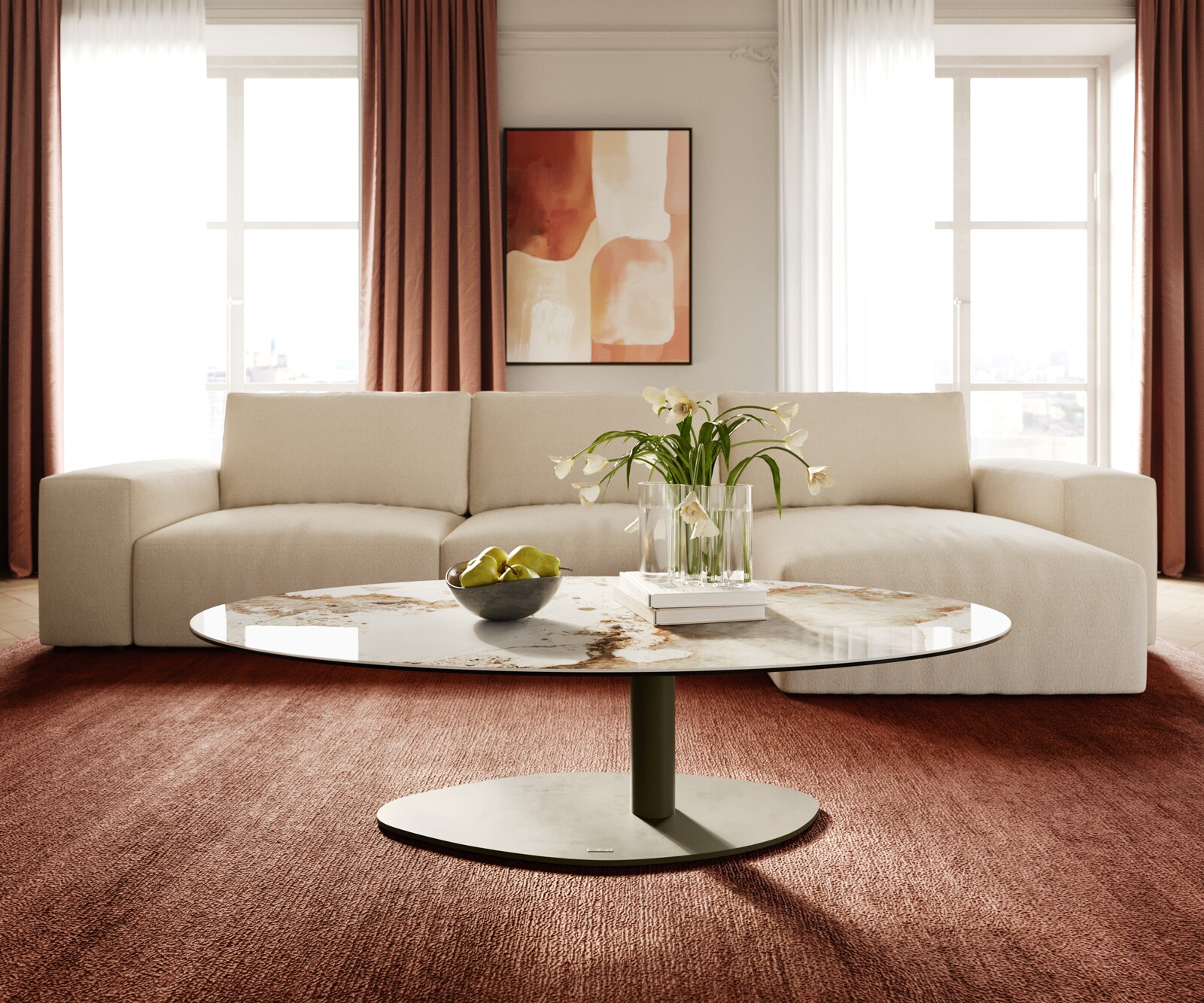 Масичка за кафе Edge Oval 140x80 cm керамика Minas Melange Vibany метален ефект покритие титан 2