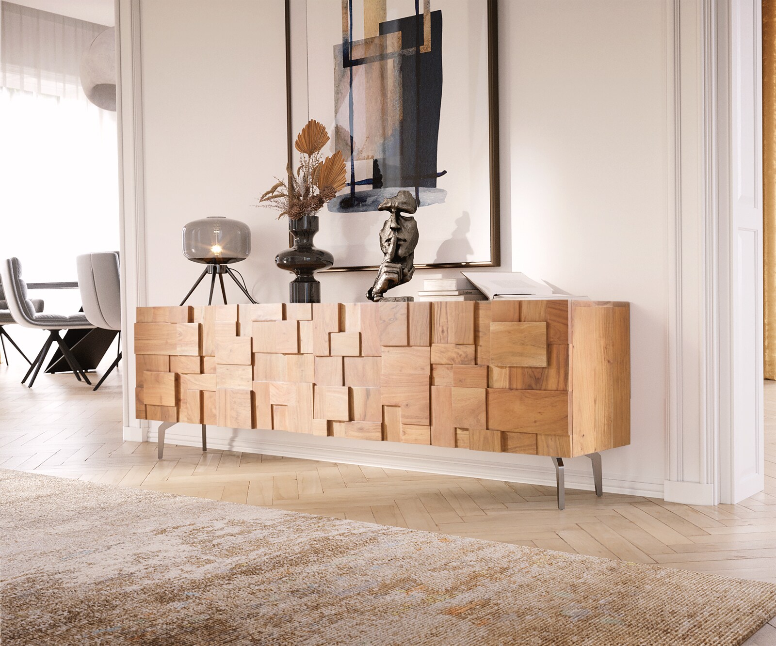 ТВ шкаф 175 cm 4 Врати Акация Натурал винкелКрак Неръждаема стомана Puzzle ТВ шкаф 175 cm 4 Врати Акация Натурал винкелКрак Неръждаема стомана Puzzle