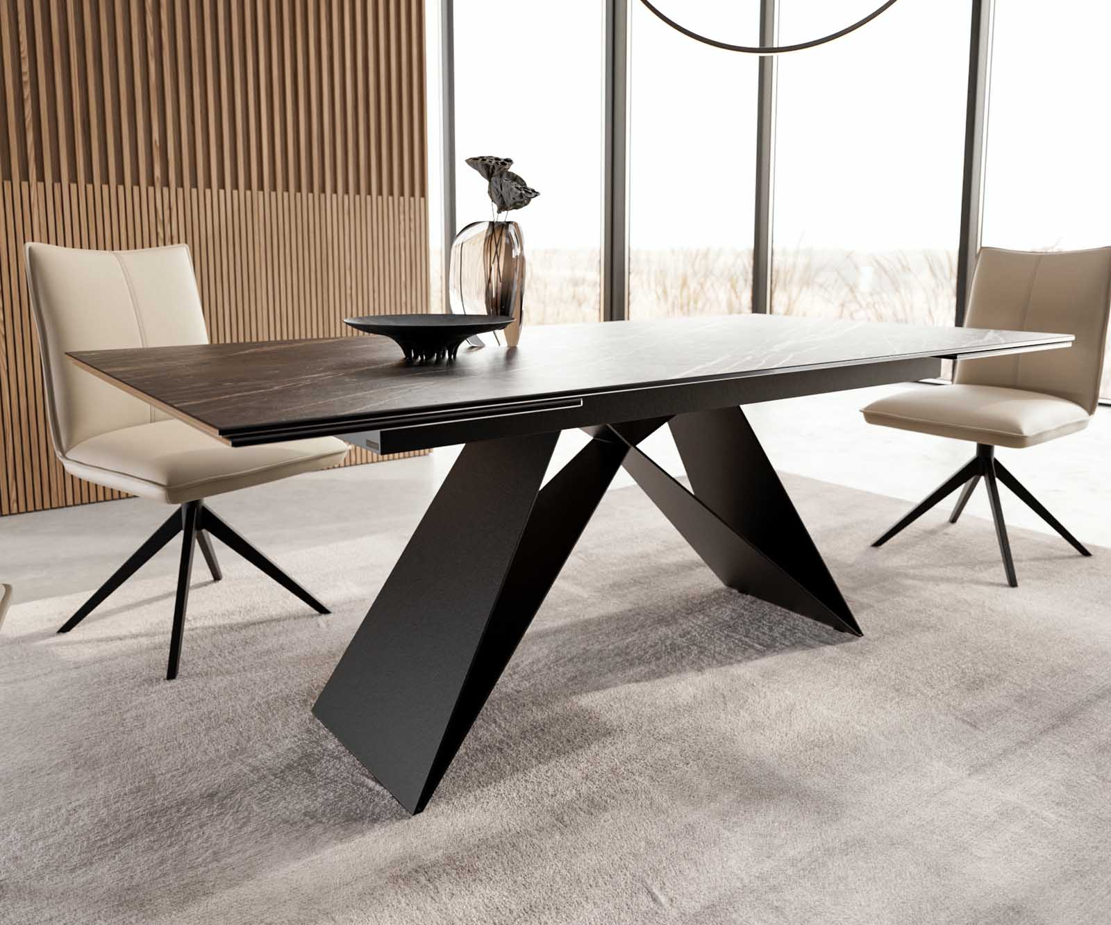 Разтегателна трапезна маса Edge 200-300х100 см Керамика Laminam®Noir Desir Тъмнокафяв V-образна метална основа Черен 5