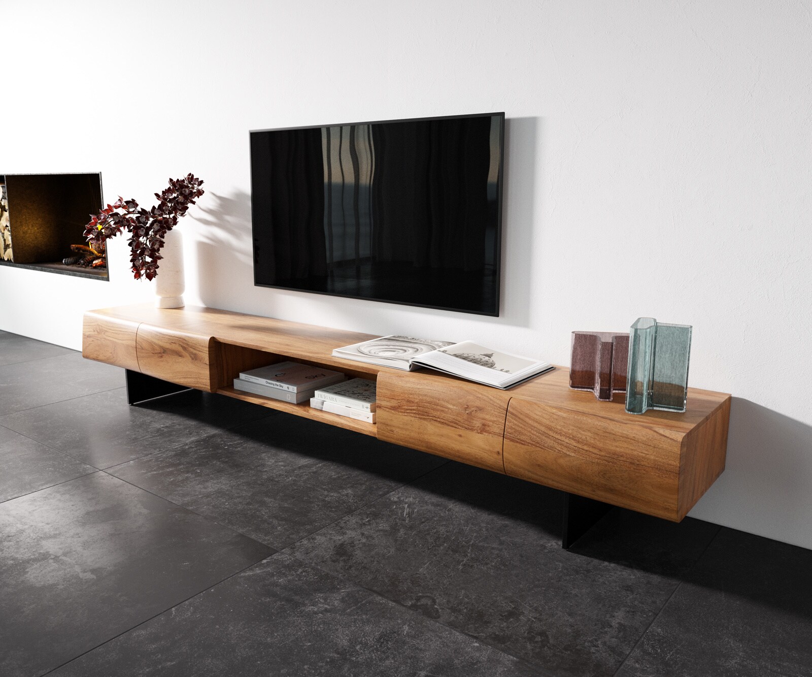 Нисък шкаф New Live-Edge 240 cm естествена акация 4 врати 1 отделение основа плаващ метал черен