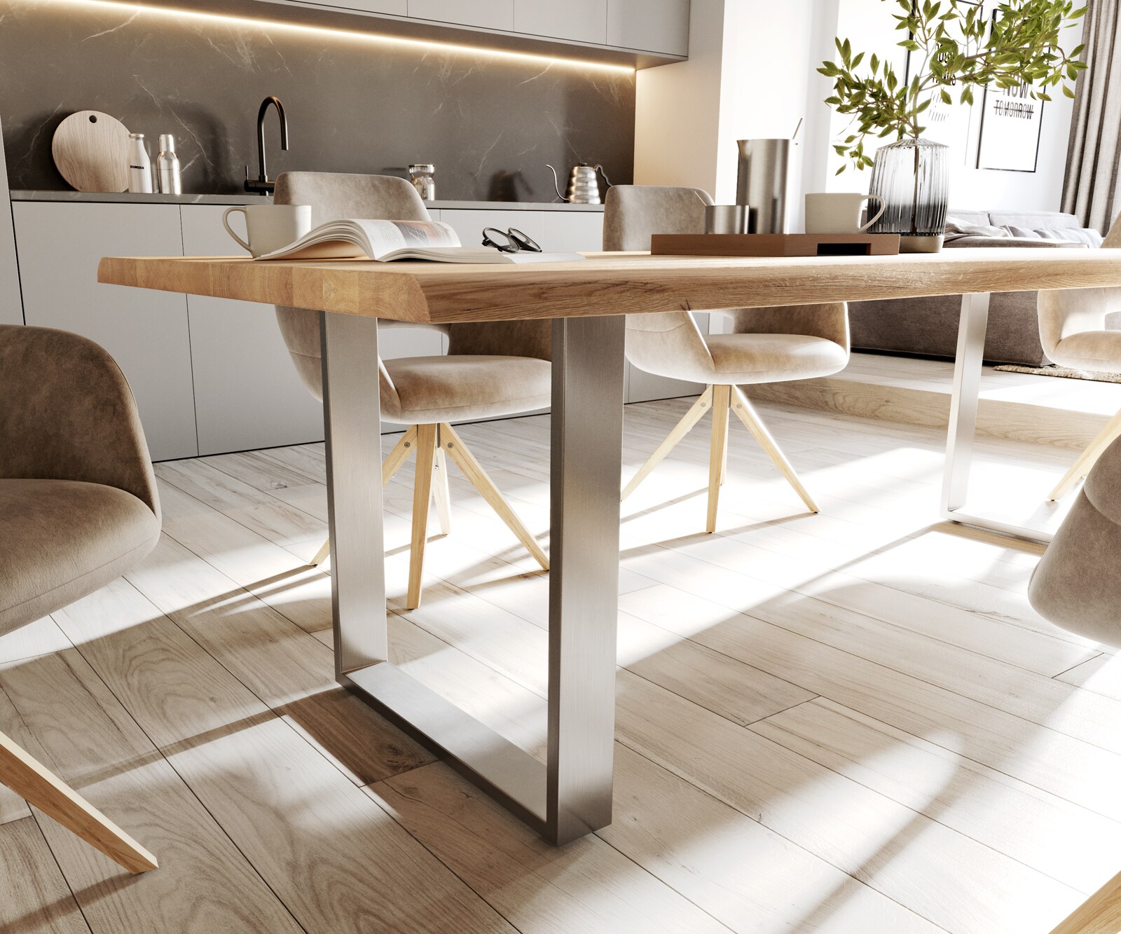 Трапезна маса Edge 260x100x2,5-3, естествен дъб, неръждаема стомана, тясна, с естествена ръба 4