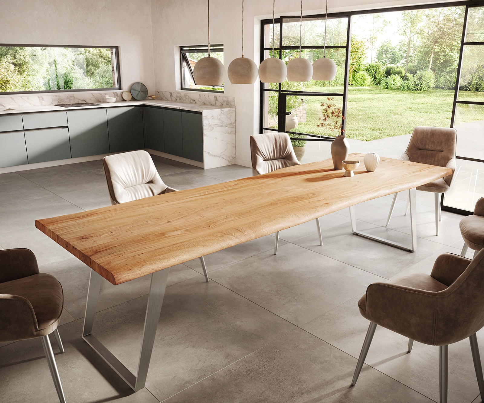 Маса 300x100cm Акация Натурал Неръждаема стомана Сребрист под ъгъл Edge 1