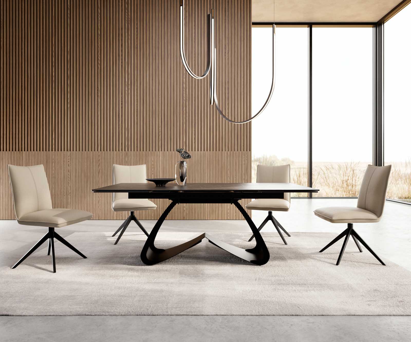 Разтегателна трапезна маса Edge 200-300х100 см Керамика Laminam®Noir Desir Тъмнокафяв W-образна основа Черен  5