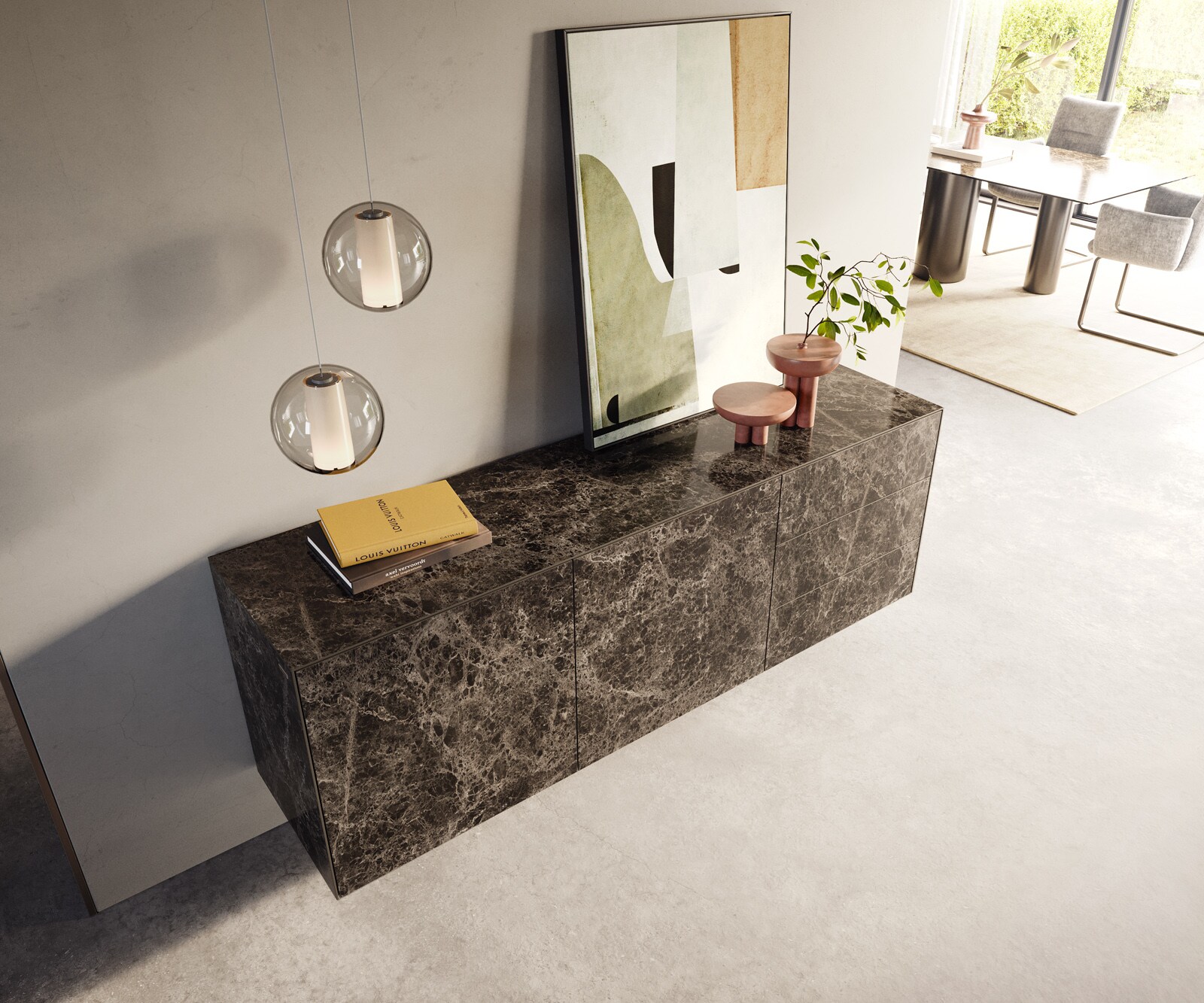 Стенен Бюфет Cuor 180 см Керамика Laminam® Emperador Extra Lucidato Тъмнокафяво 2 врати 3 чекмеджета  3