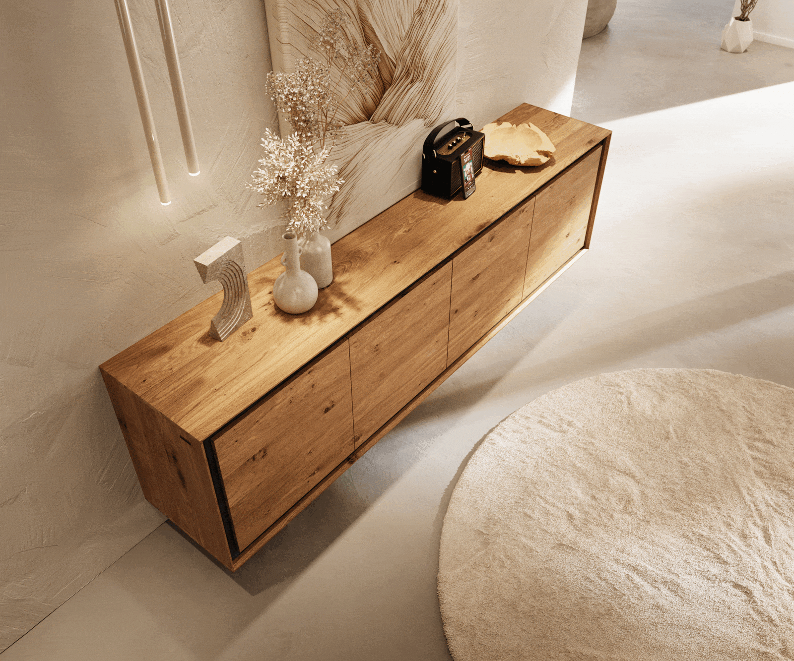 Шкаф Stonegrace 200 cm естествен дъб 4 врати каменен фурнир Плаващ 3