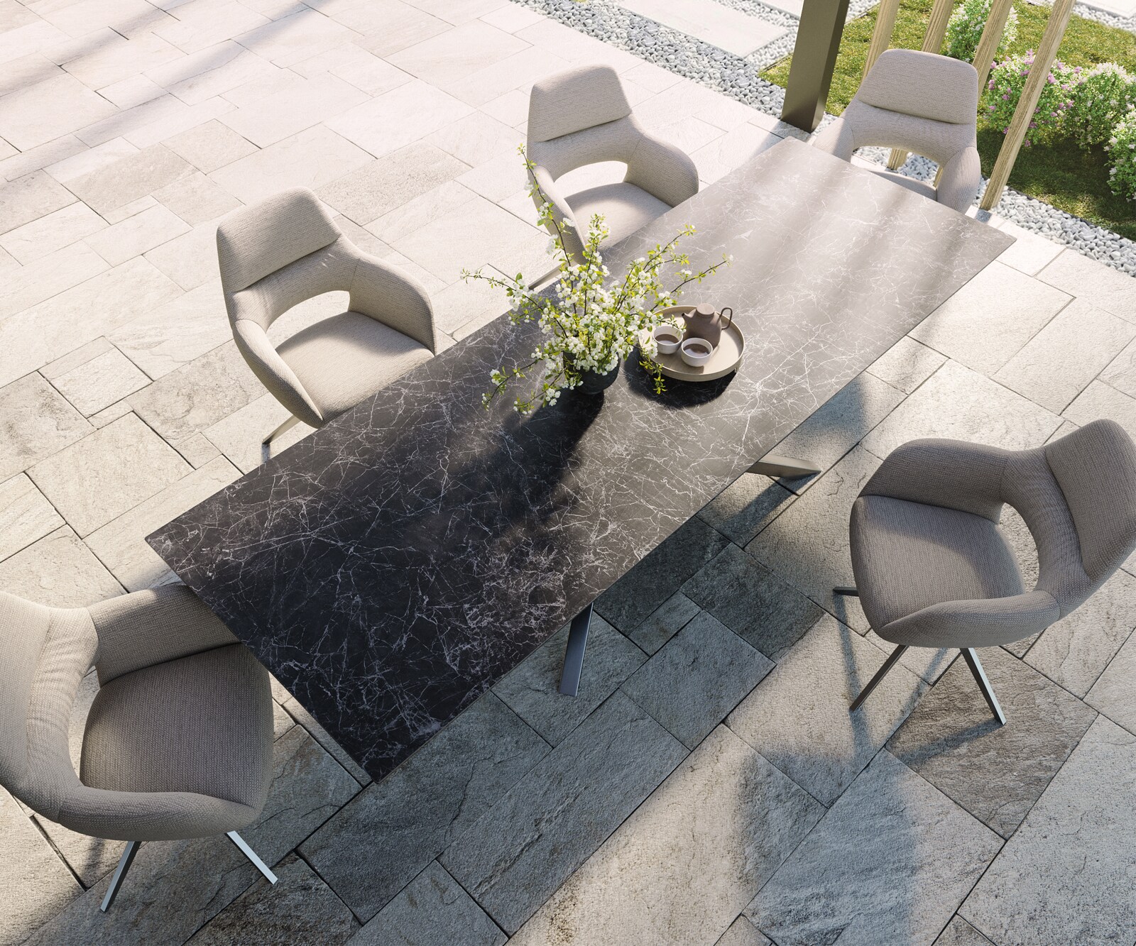 Луксозна външна маса Edge 300x100 см, керамичен правоъгълен плот Laminam Nero Greco, Кръстовидна основа, Антрацит/Сребристосив 3