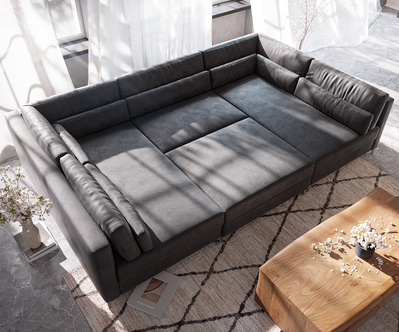  300x185 cm Имитация на кожа Винтидж Антрацит с Табуретка Elio 5