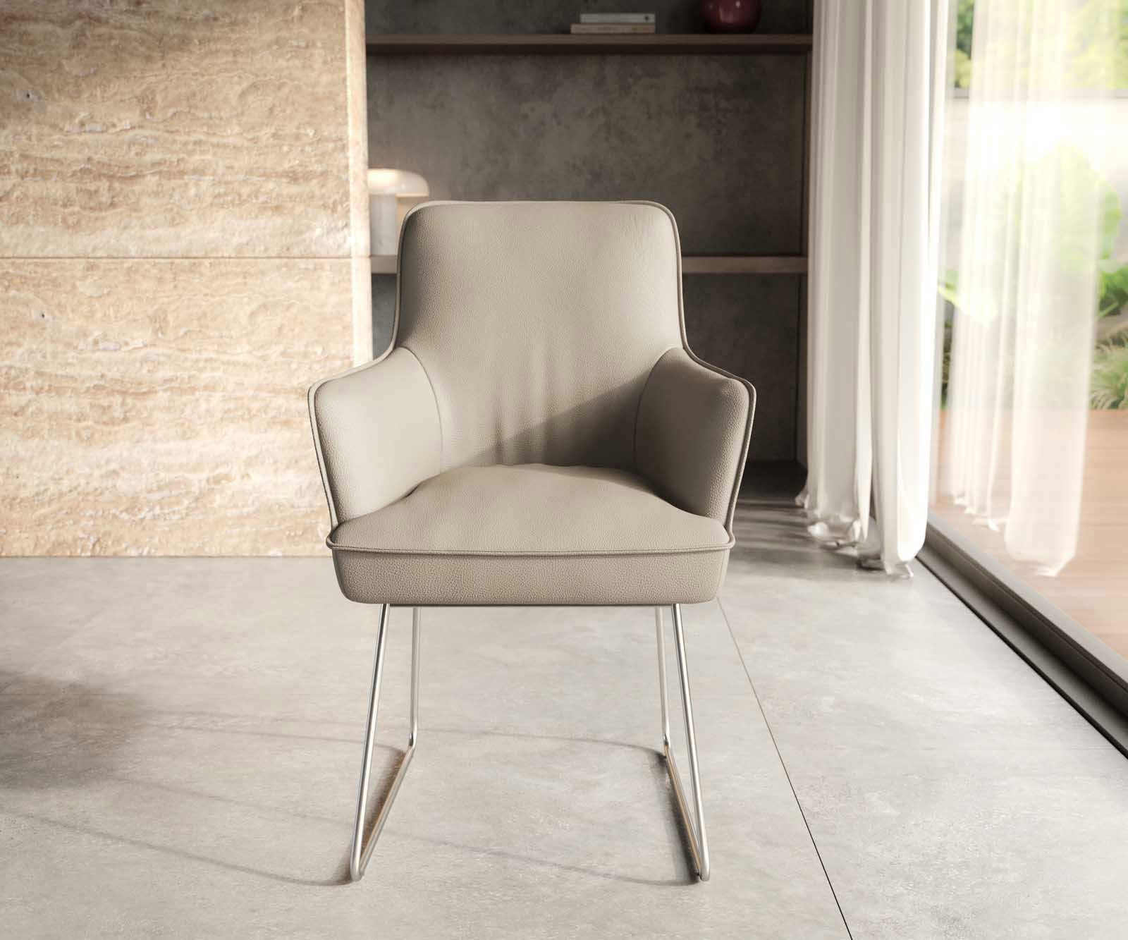 Стол Естествена кожа Сиво-Кафяв Извити крака Неръждаема стомана Покет пружина Heira-Flex 1 Стол Естествена кожа Сиво-Кафяв Извити крака Неръждаема стомана Покет пружина Heira-Flex 1