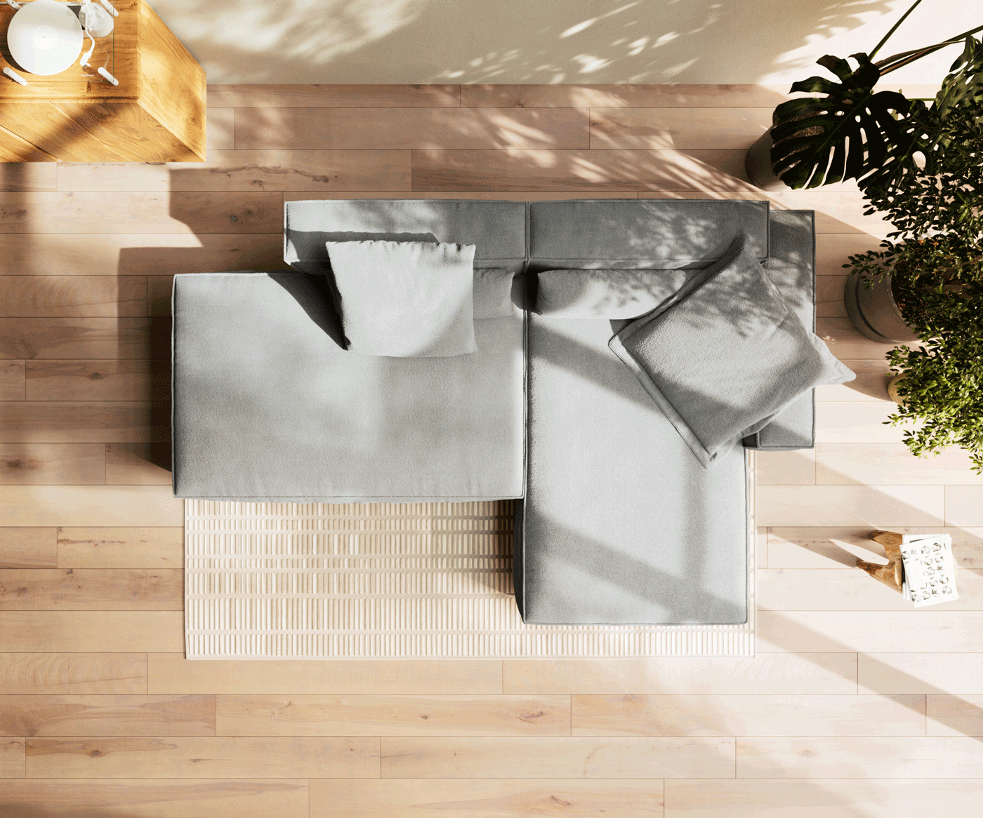 Ъглов диван Freestyle 310x200 cm текстурирана тъкан, меко сиво, тръбен шев 5