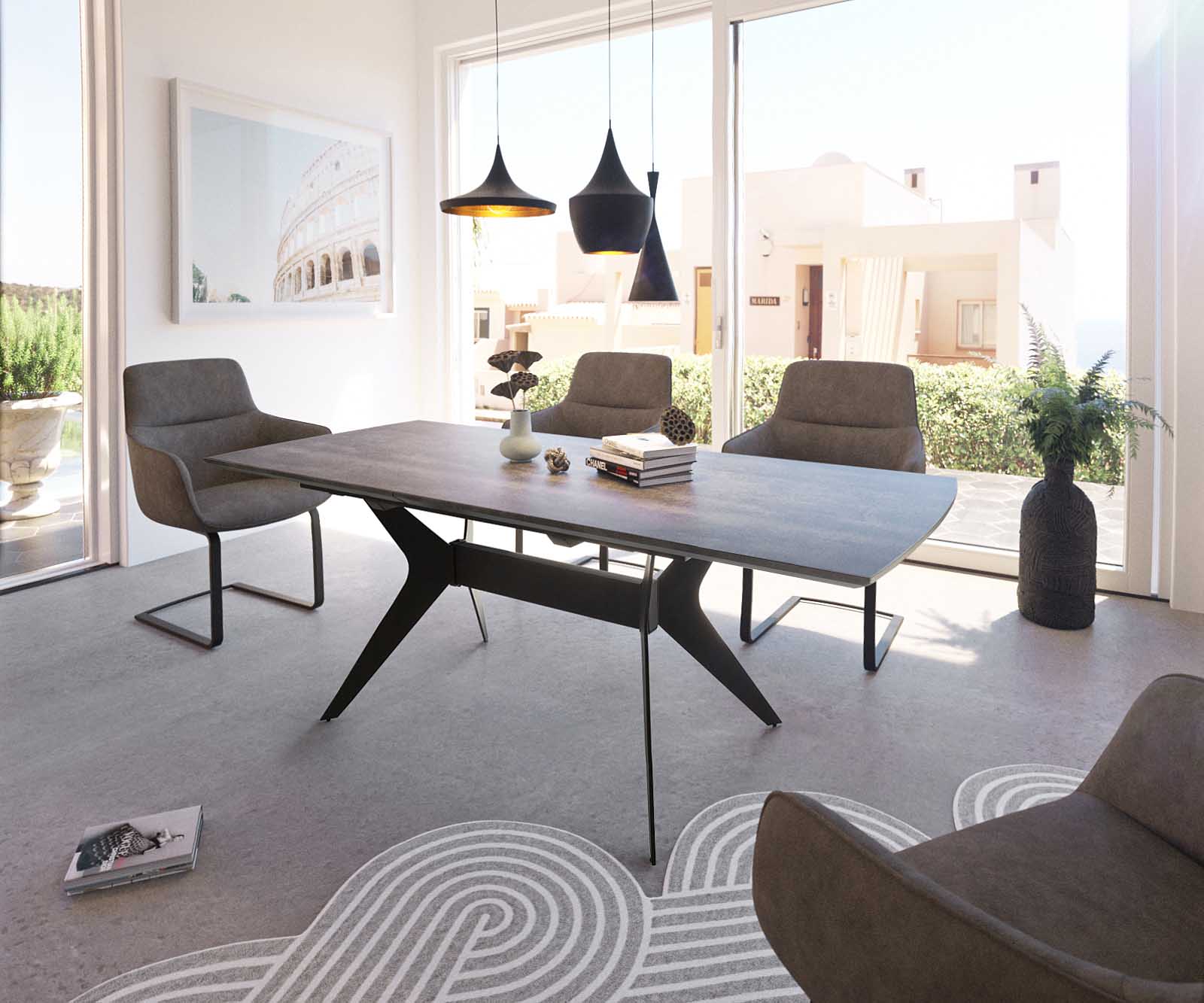 Трапезна маса Edona 160/200x90 cm керамичен вид сив метал разтегателна 1