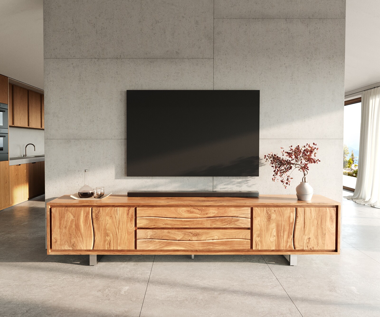 Нисък шкаф 300 cm Акация Натурал 4 Врати 2 Чекмеджета Live-Edge 1