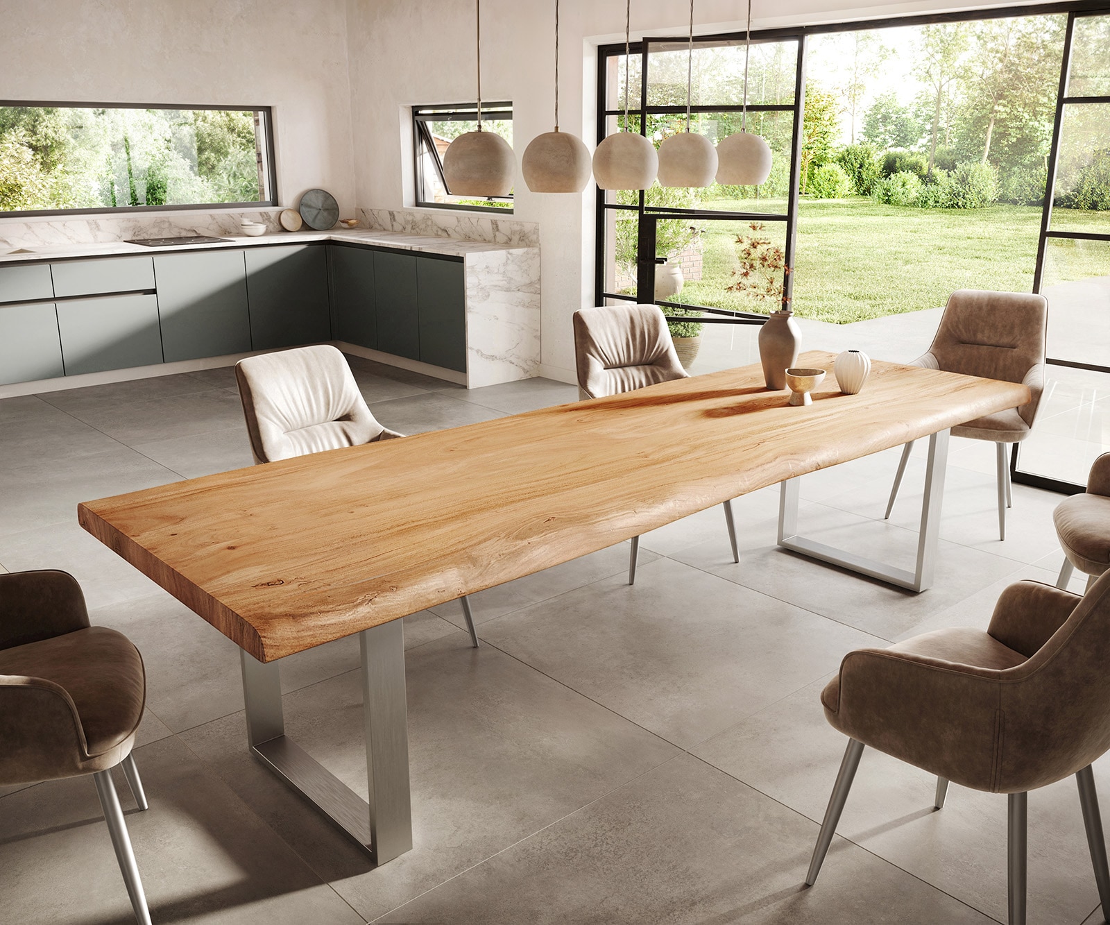 Маса 300x100 XL Акация Натурал Неръждаема стомана Тесен профил Edge Маса 300x100 XL Акация Натурал Неръждаема стомана Тесен профил Edge