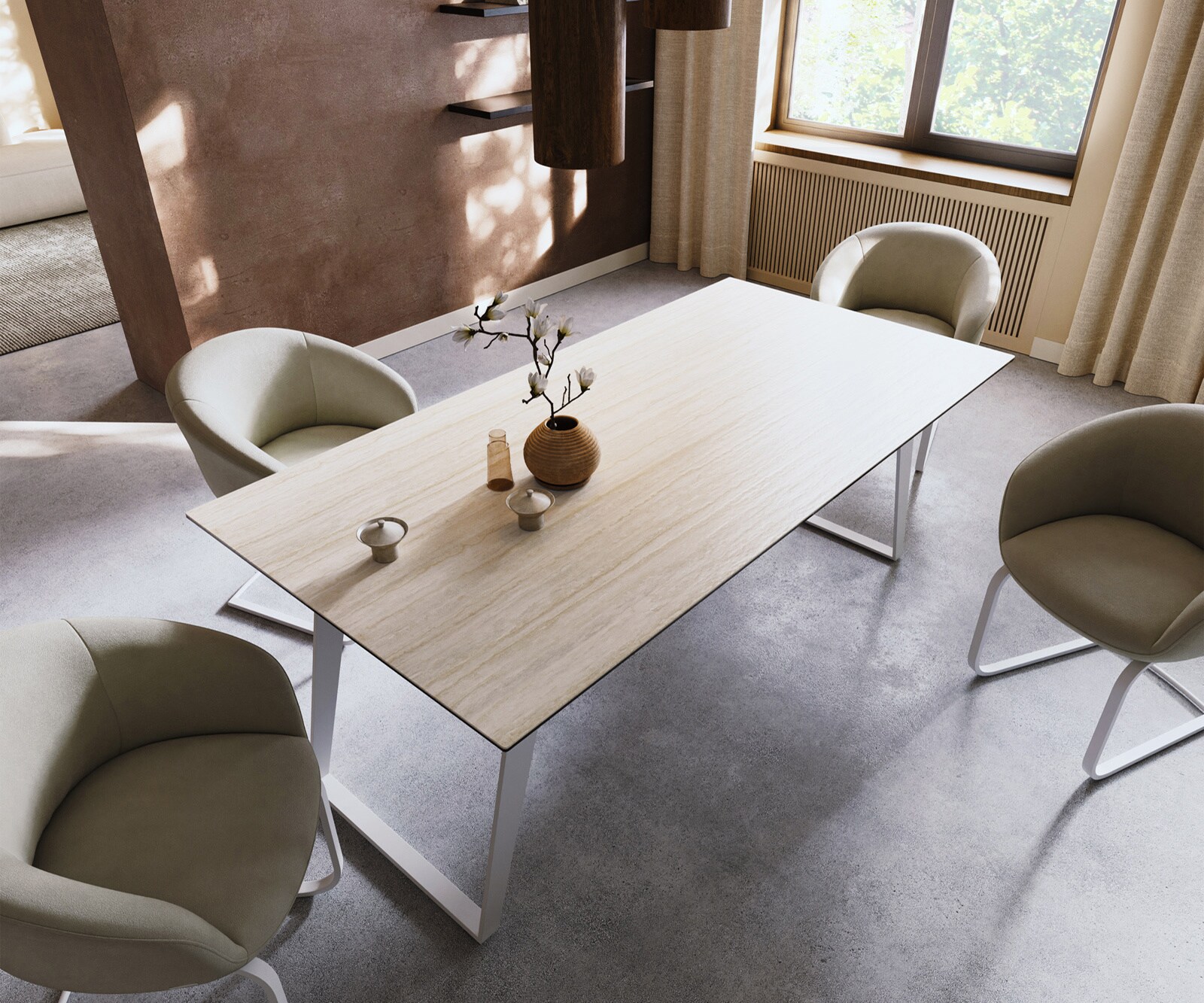 Трапезна маса Edge 200x100, керамика Laminam „®“, Travertino Bianco, кремаво-бяла, метал, наклонена, бяла 3