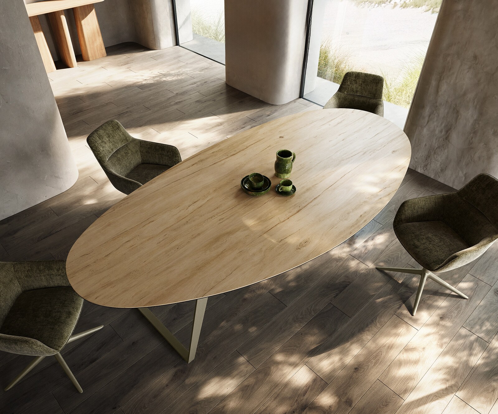 Трапезна маса Edge Oval 280x130 см, керамика Laminam „®“, цвят „Sabbia“ (дъбов), метал с наклонено покритие „Titan“ 4