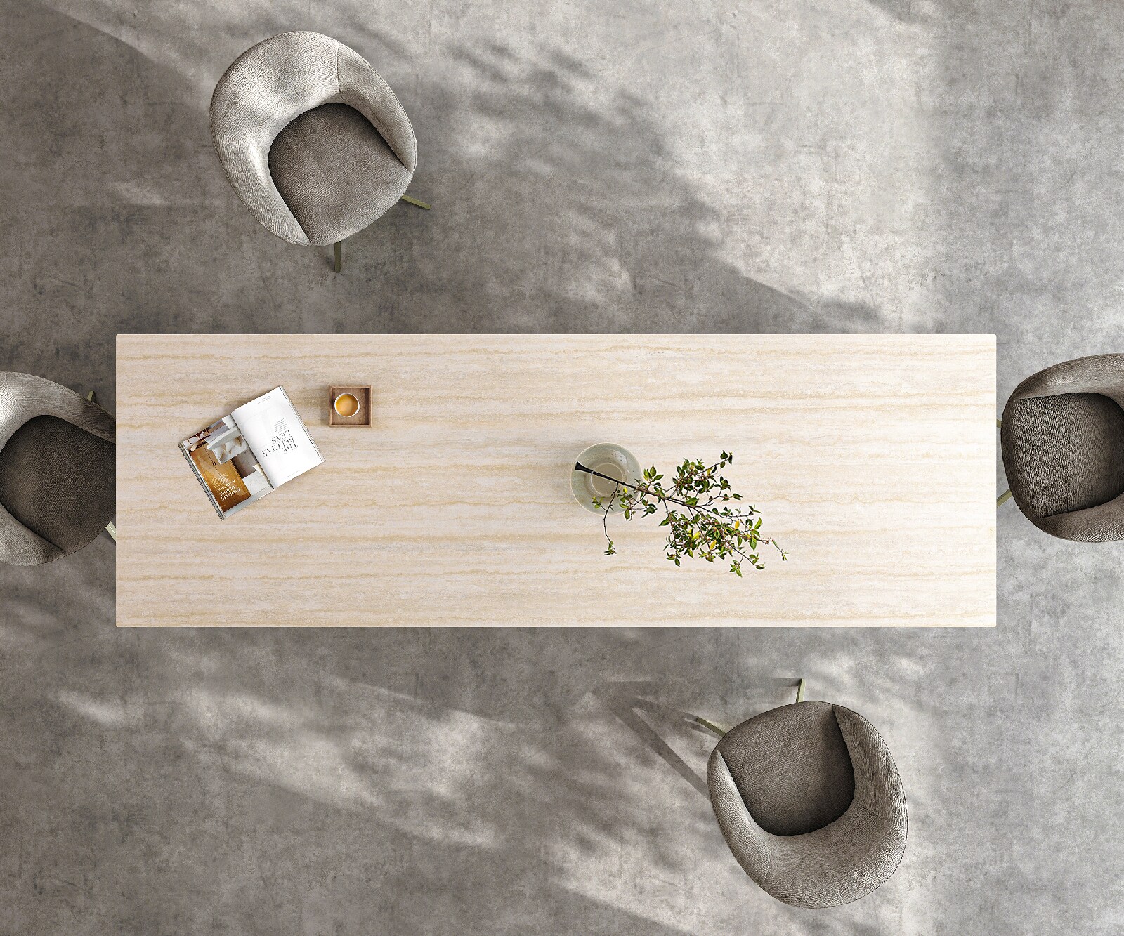 Трапезна маса Edge 300x100, керамика Laminam „®“, Travertino Bianco (кремаво-бял), метални колони с титанов ефект 6
