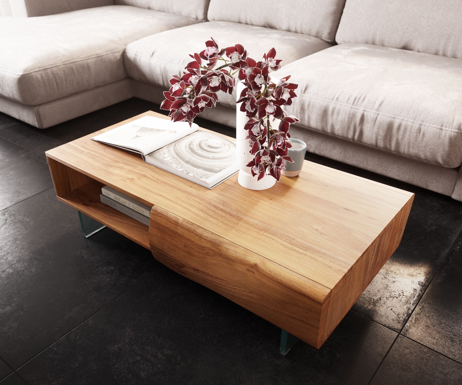 Холна маса Live-Edge 115x60 cm Акация Натурал 2 чекмеджета 1 отделение Стъкленплаващ крак New 3