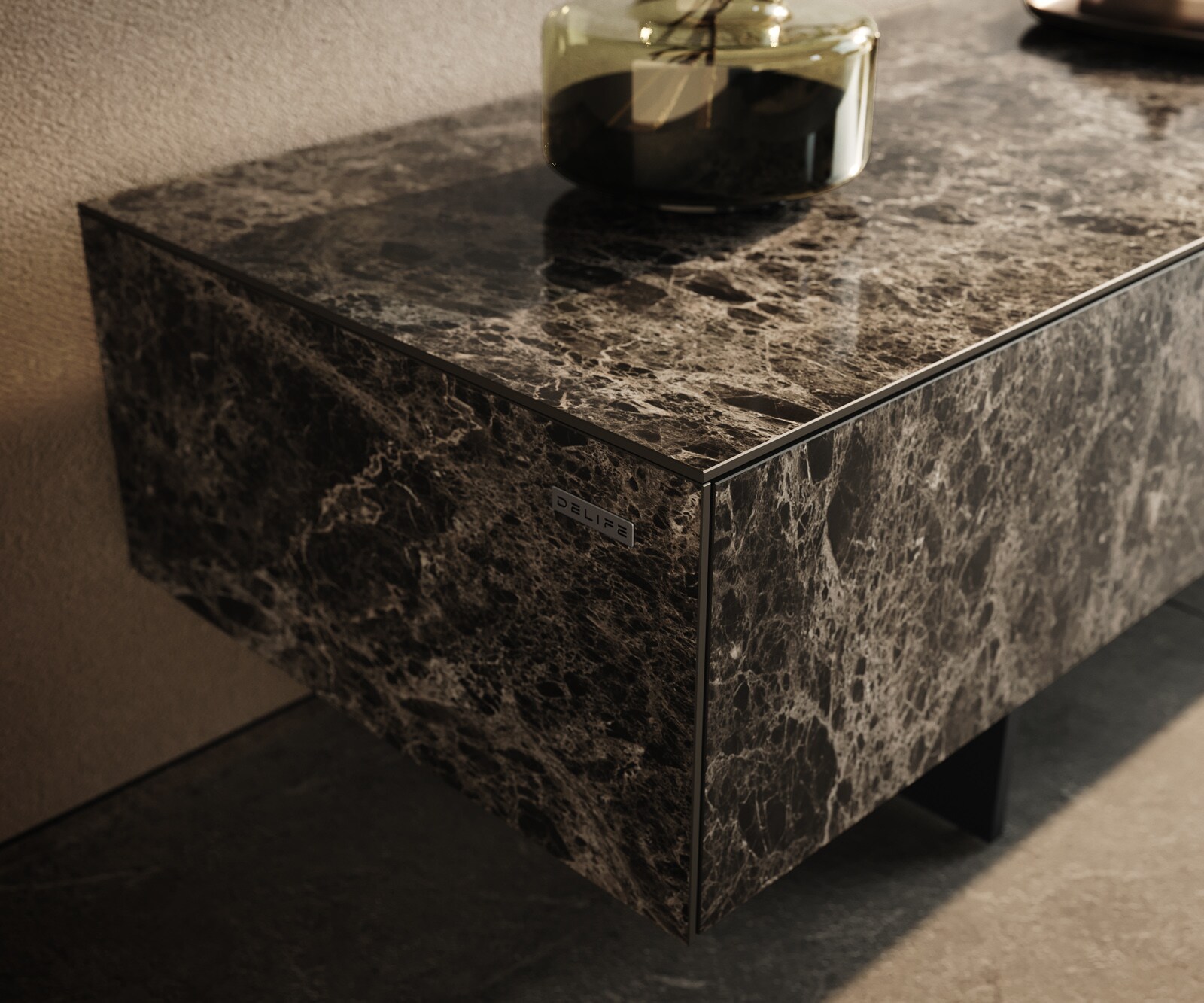 Ниска дъска Cuor 200 cm Керамичен ламинат® Emperador Extra Lucidato Тъмно кафяво 1 клапа 1 чекмедже Основа Окачен вид Метал Черен 5