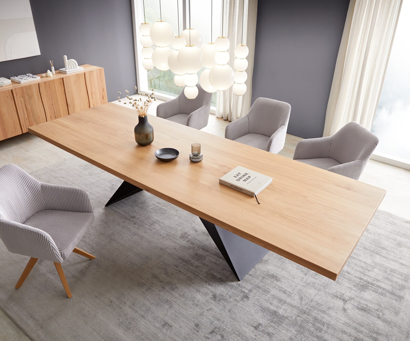 Маса 300x100 Дъб Натурал V-Рамка плоска стомана Черен Edge 4