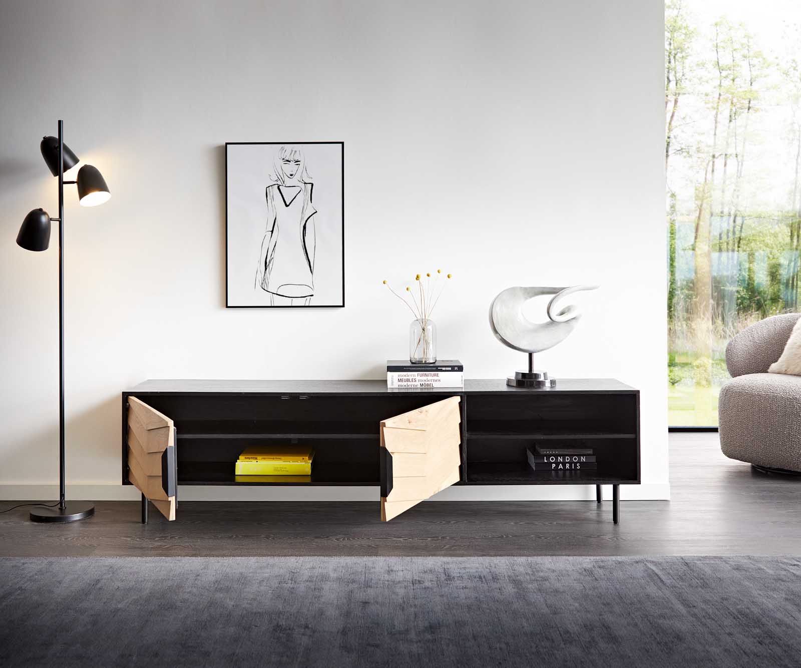 ТВ шкаф Muvi 200 cm естествен дъб манго черен метал 2 врати 2 отделения 3