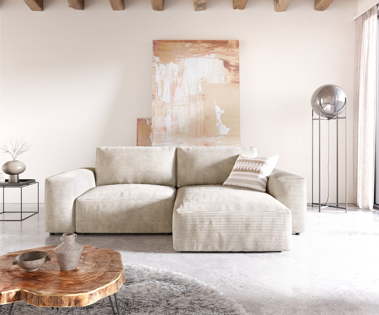Ъглов диван Lanzo L 230x155 см Рипс Бежов, Лява/Дясна Лежанка 1