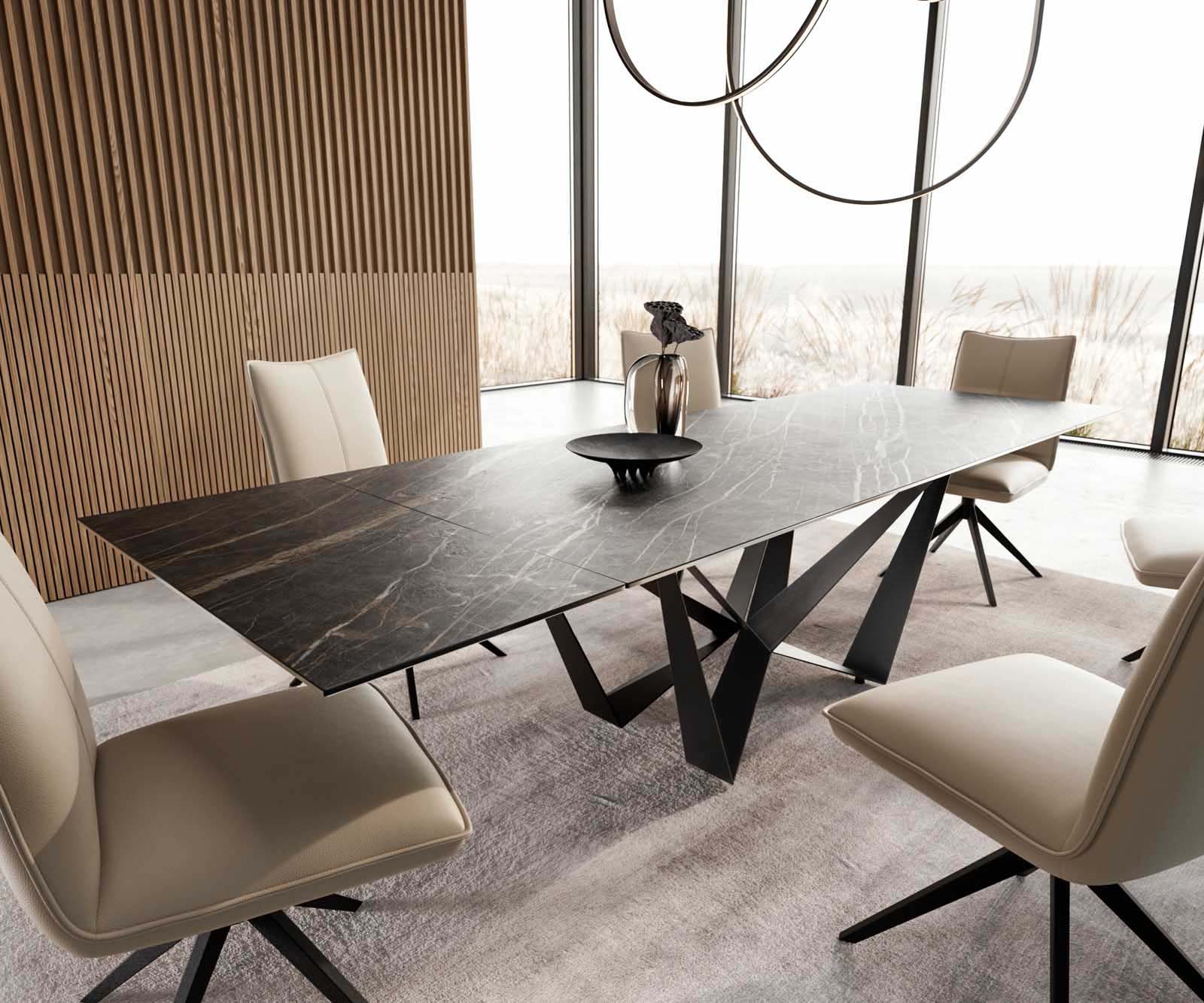 Разтегателна трапезна маса Edge 200-300х100 см Керамика Laminam®Noir Desir Кафяв Основа стомана тип Spider Черен цвят 1