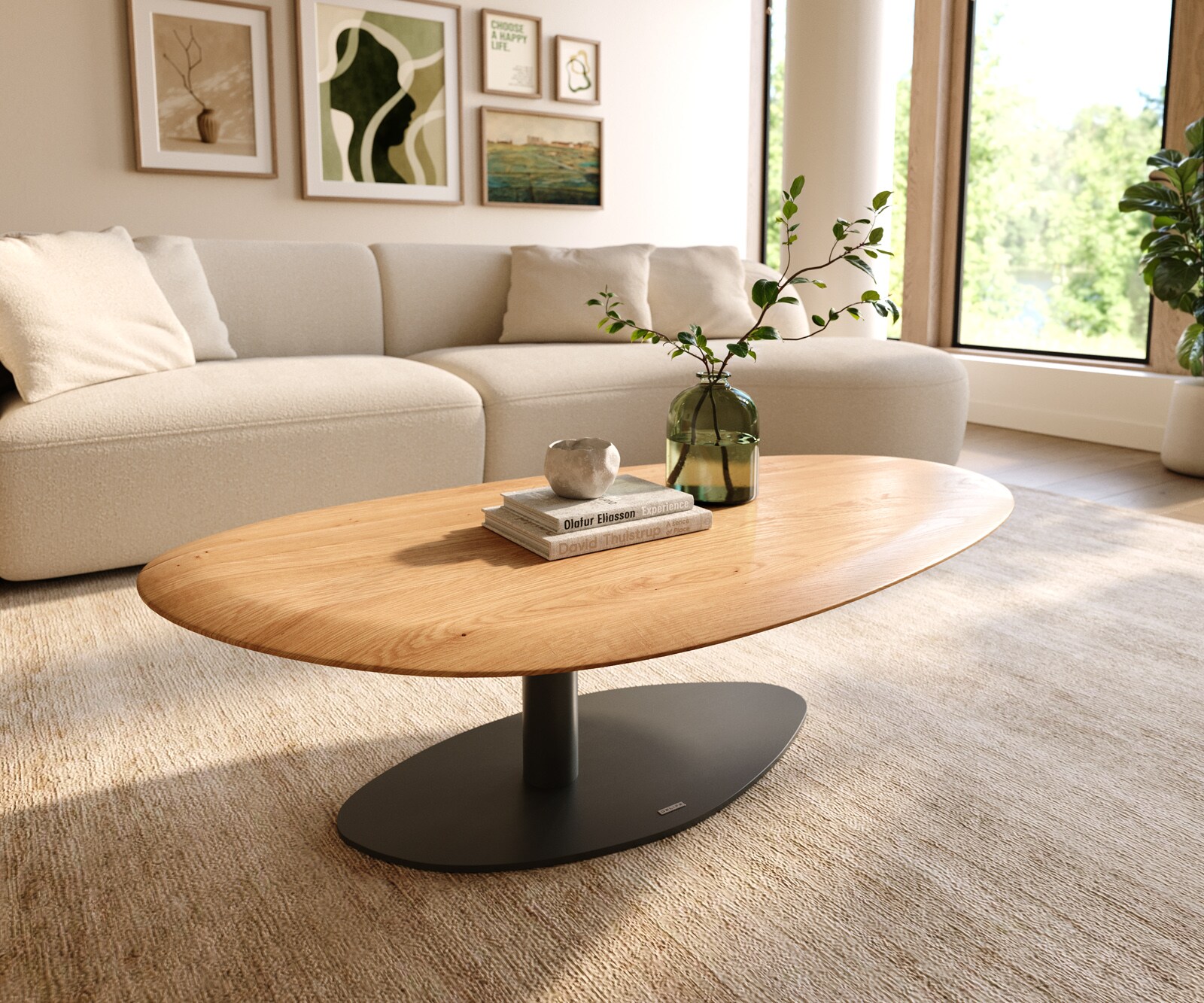 Масичка за кафе Edge Oval 140x75 cm естествен дъб кръгъл ръб Vibany метал черен