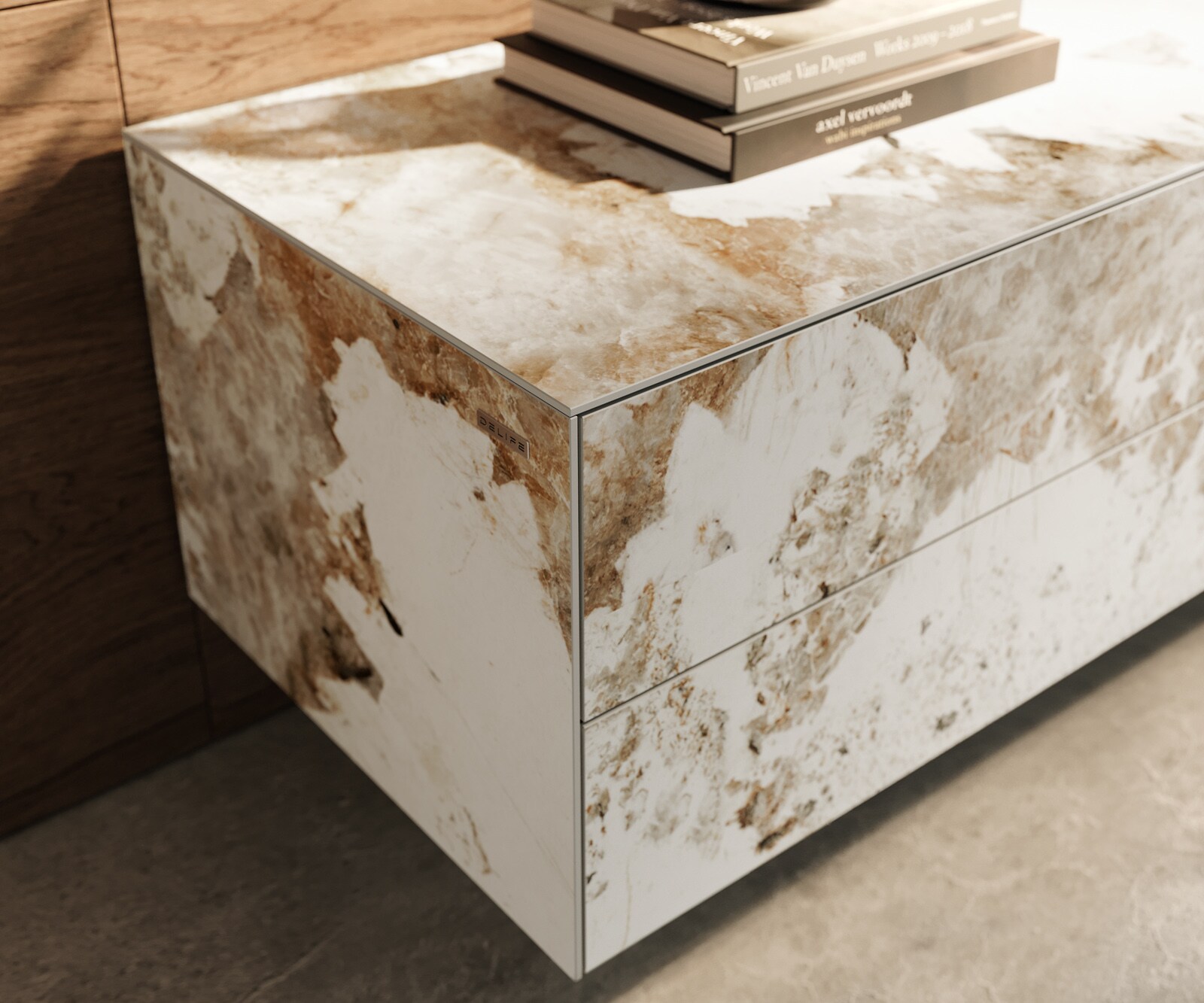 Нисък плот Cuor 180 cm керамика Minas Melange бяло-бежово 1 клапа 2 чекмеджета плаващи 6