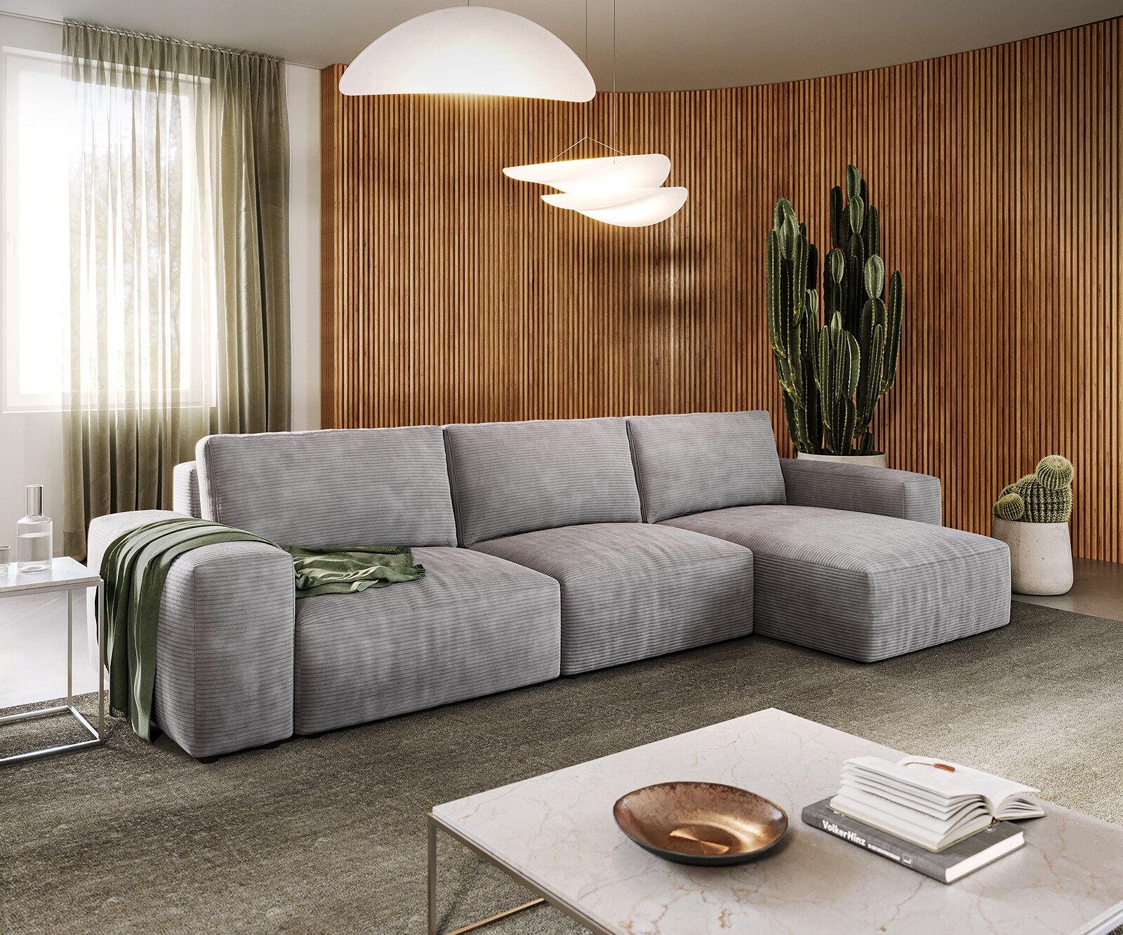 Ъглов диван L 360x160 cm Корд СребристСив Варианти лежанка Lanzo