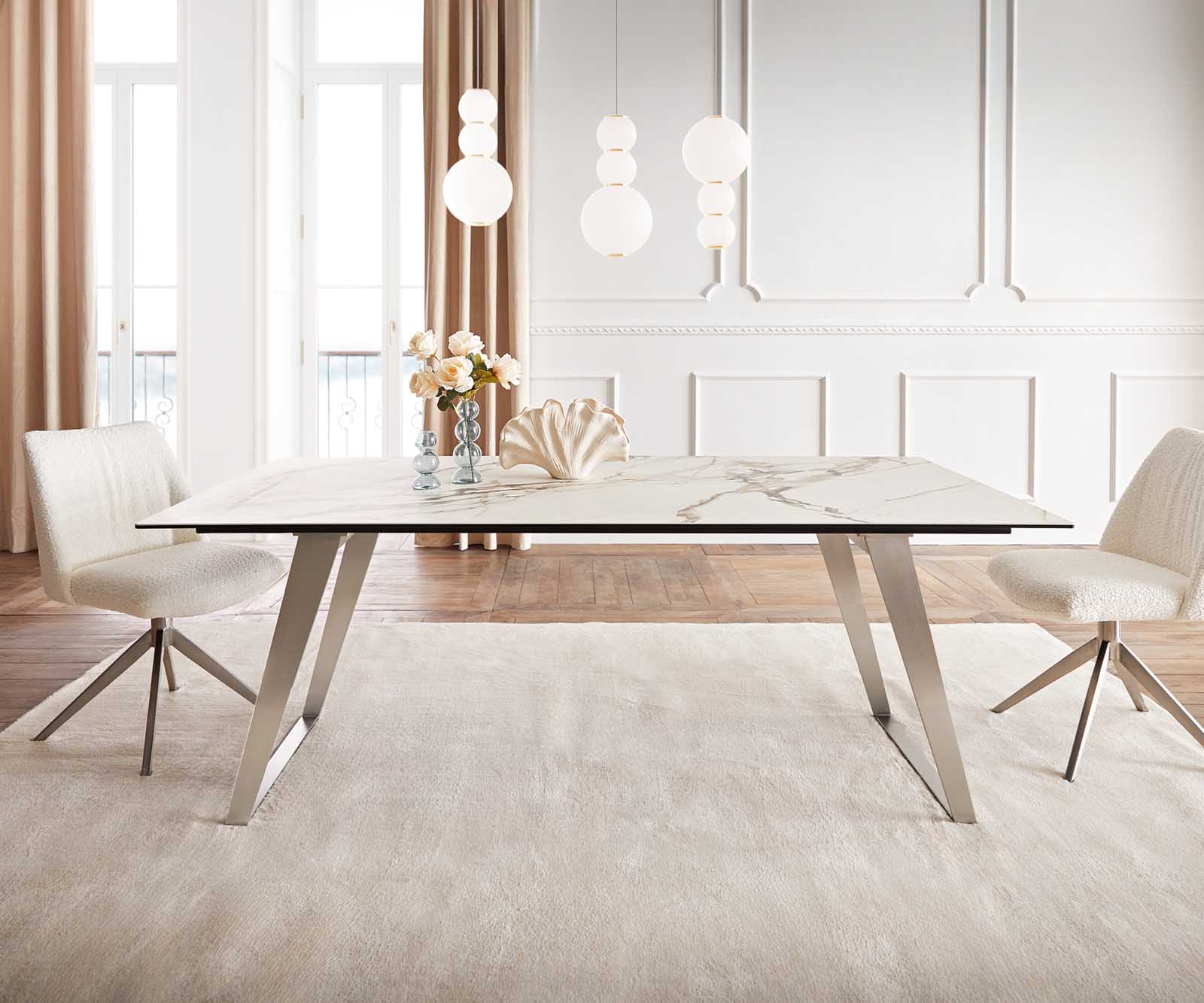 Маса 200x100 Keramik Calacatta Luxe Бял-Злато-Сив Неръждаема стомана под ъгъл Edge