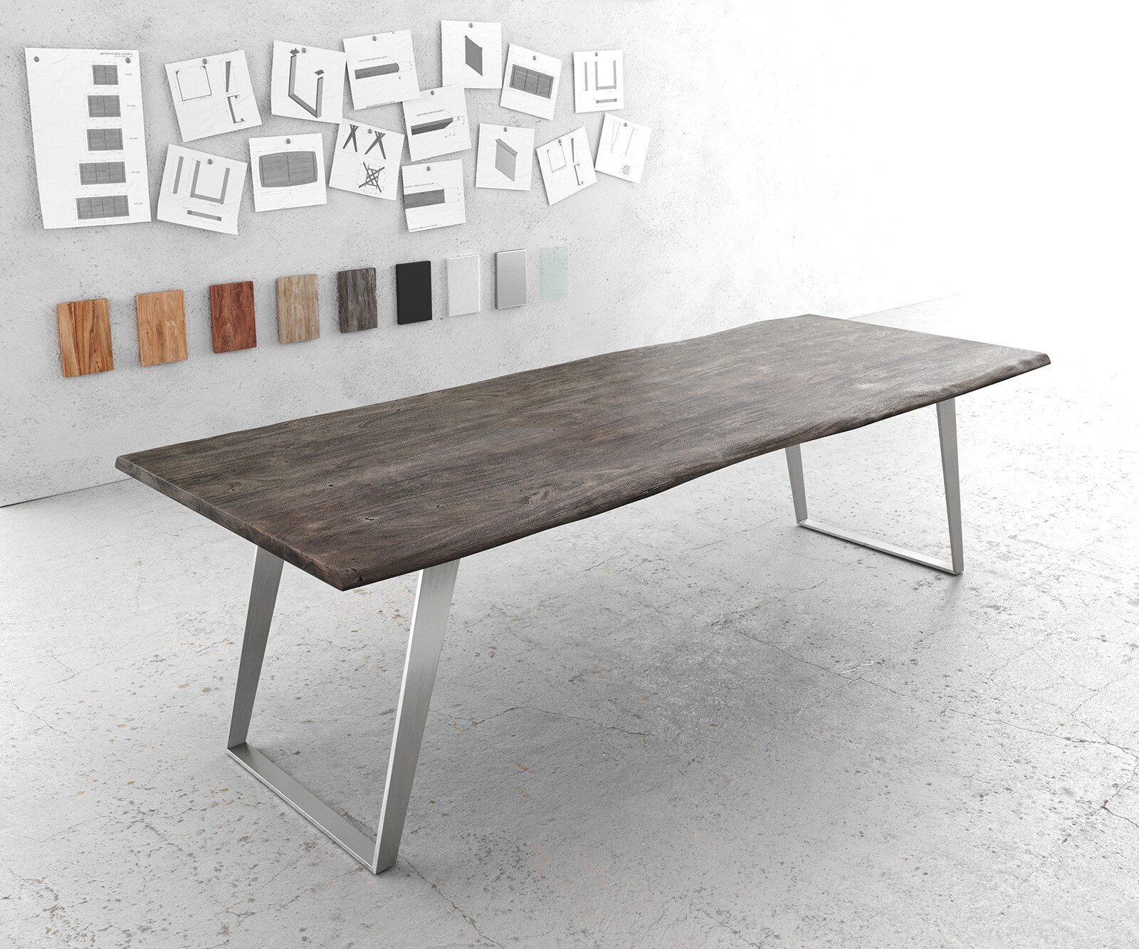 Маса 260x100cm Акация Платинен цвят Неръждаема стомана Сребрист под ъгъл Edge