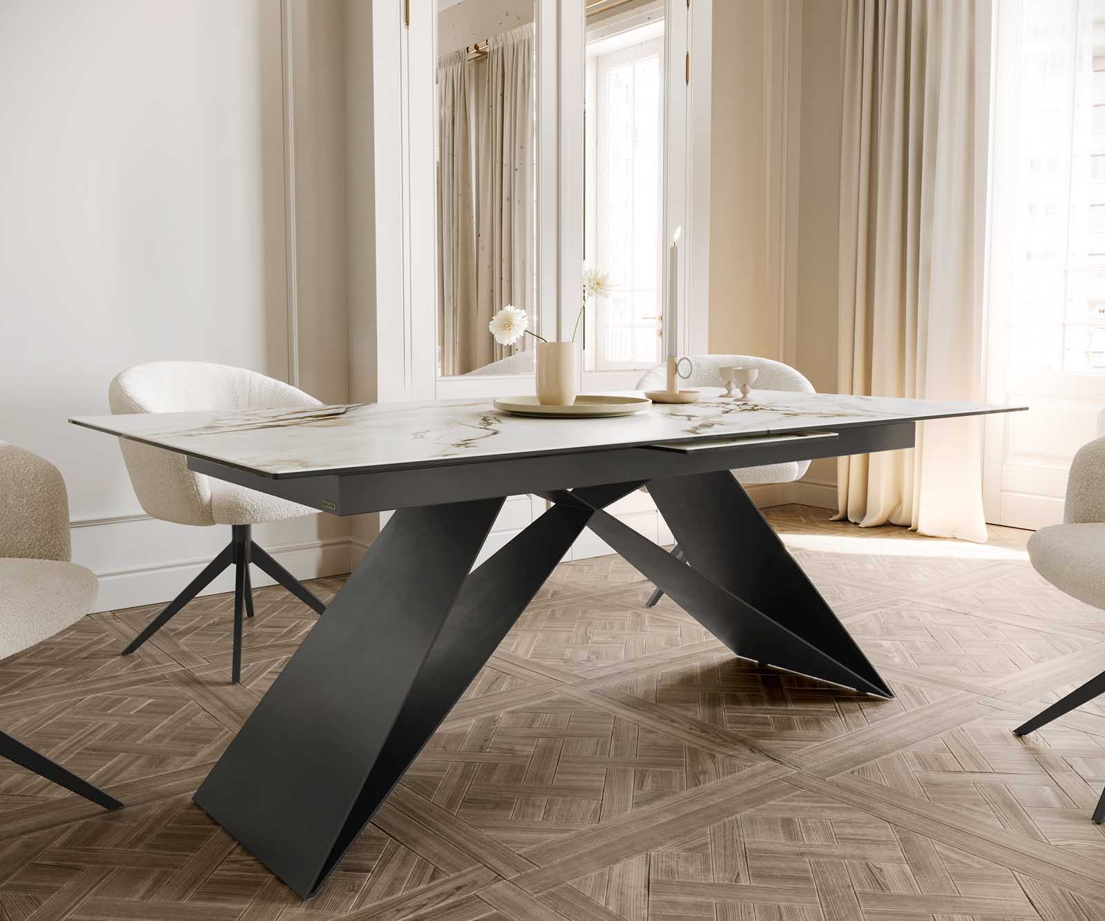Разтегателна трапезна маса Edge 180-220х100 см Керамика Calacatta Luxe Бял-Злато-Сив V-образна метална основа Черен 6
