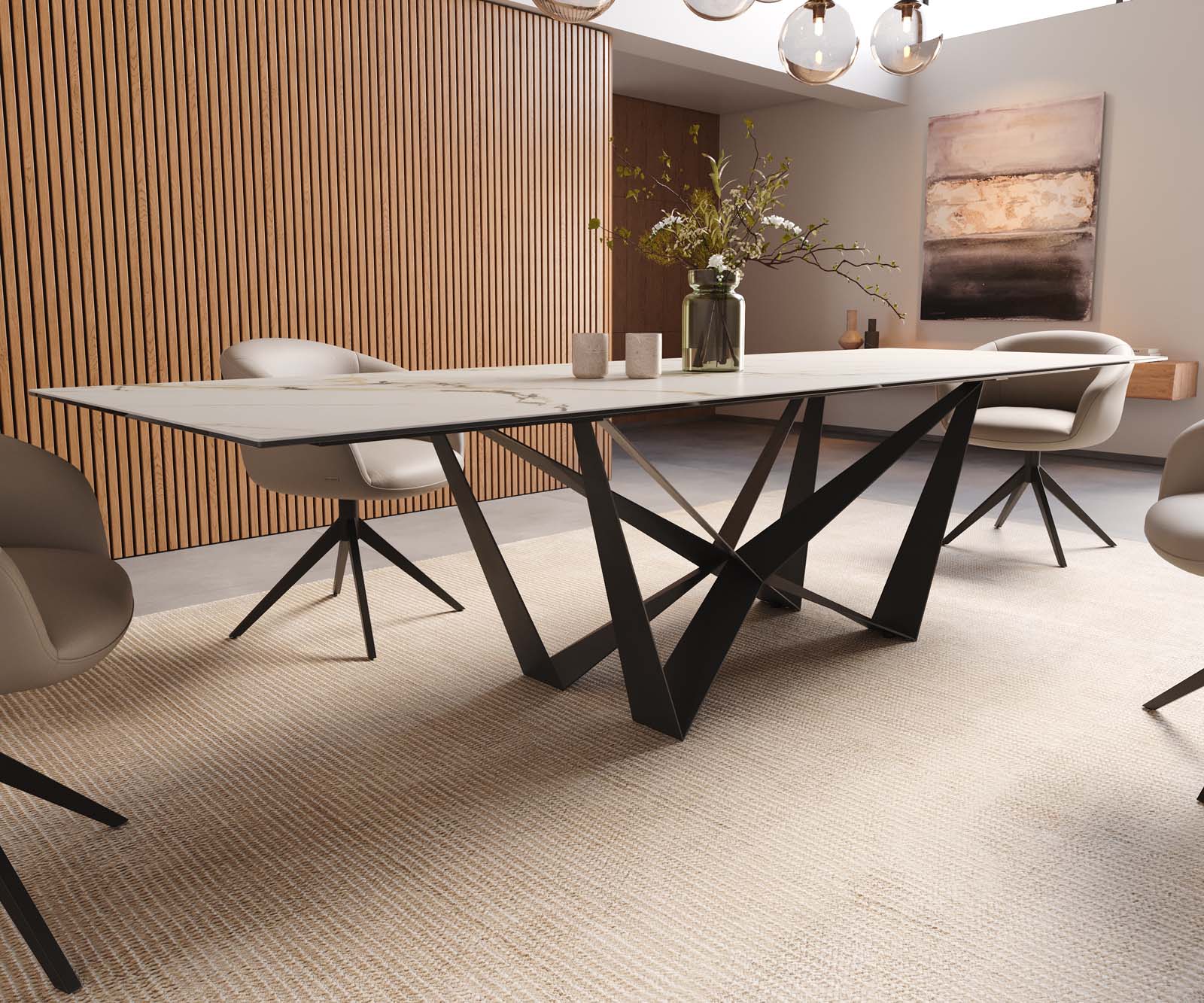 Трапезна маса Edge 300x100, керамика Calacatta Luxe, бяло-златно-сиво, Spider, плоска стомана, черно 6