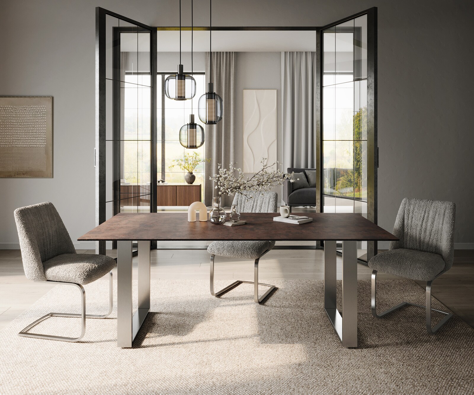 Edge трапезна маса 200x100 стъкло антично кафяво неръждаема стомана тесен 2