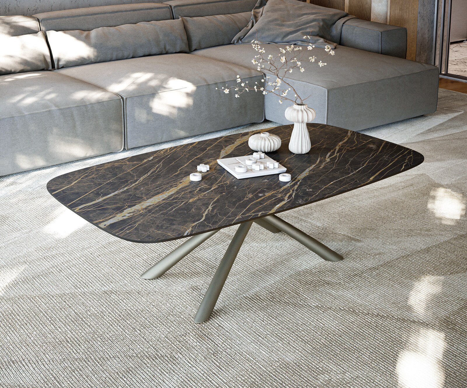 Масичка за кафе Edge Boot 140x80 cm Керамика Laminam® Noir Desir Brown Sarity Покритие с метален ефект Titanium 1