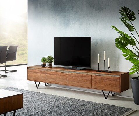 ТВ шкаф 220 cm Акация Кафяв естествен ръб 4 Врати V-Крак Черен Stonegrace