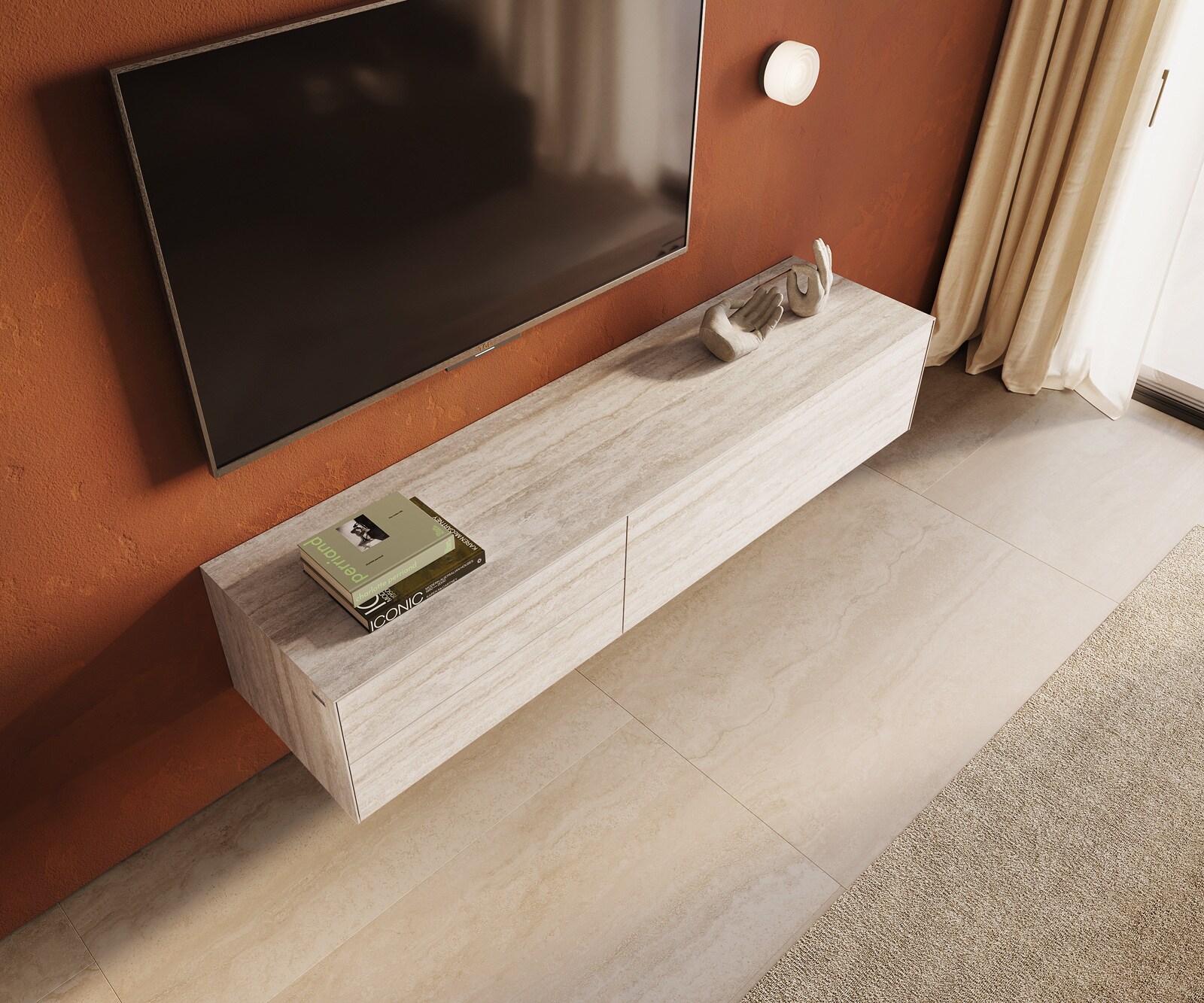 Стенен ТВ шкаф Cuor 180 см Керамика Laminam® Travertino Bianco Крем-бяло 1 врата 2 чекмеджета  3