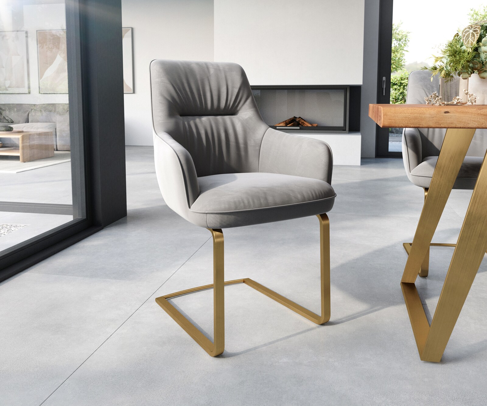 Люлеещ стол с подлакътници Кадифе Сив Конзолен крак плосък Злато  Покет пружина Zelia-Flex