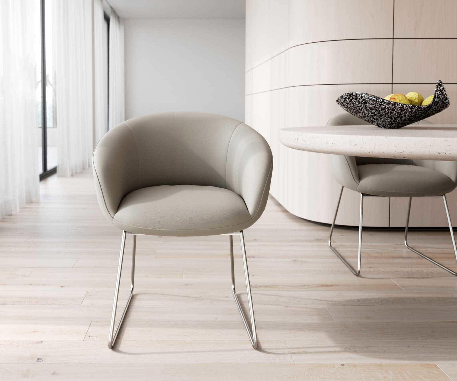 Трапезен стол с подлакътници Естествена кожа Сиво-Кафяв Извити крака Неръждаема стомана Покет пружина Vinka-Flex 1 Трапезен стол с подлакътници Естествена кожа Сиво-Кафяв Извити крака Неръждаема стомана Покет пружина Vinka-Flex 1