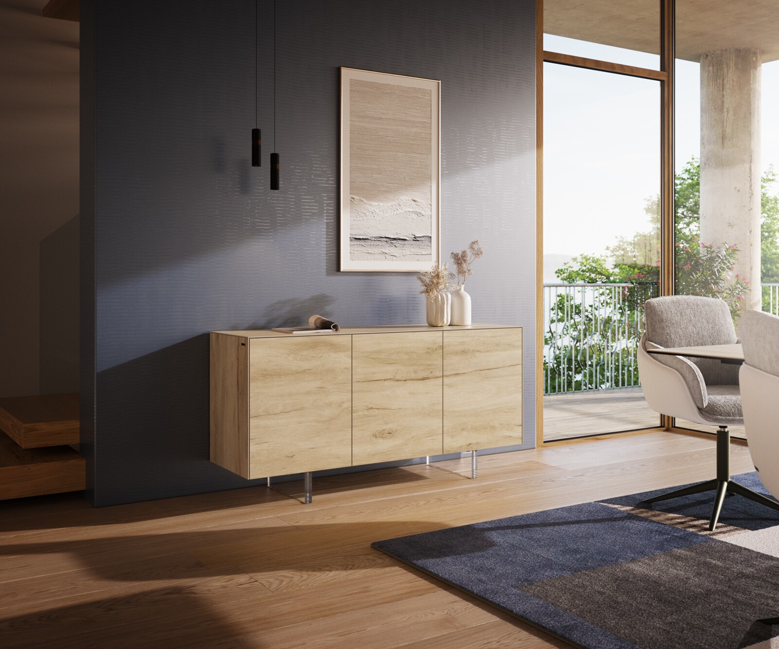 Бюфет Cuor 150 см Керамика Laminam® Sabbia Дъб 3 врати Основа акрилно стъкло