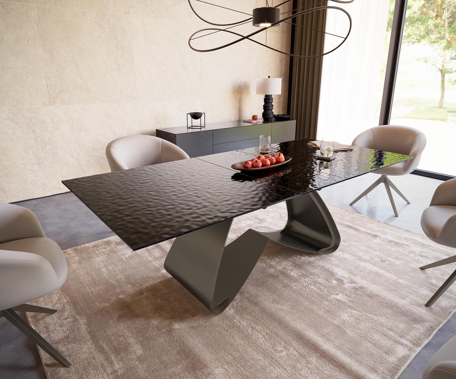 Маса 180-220x100 РелефноСтъкло ОпушеноЧерен 3D-Design W-Рамка Ефектенфиниш Titan разтегателна Edge