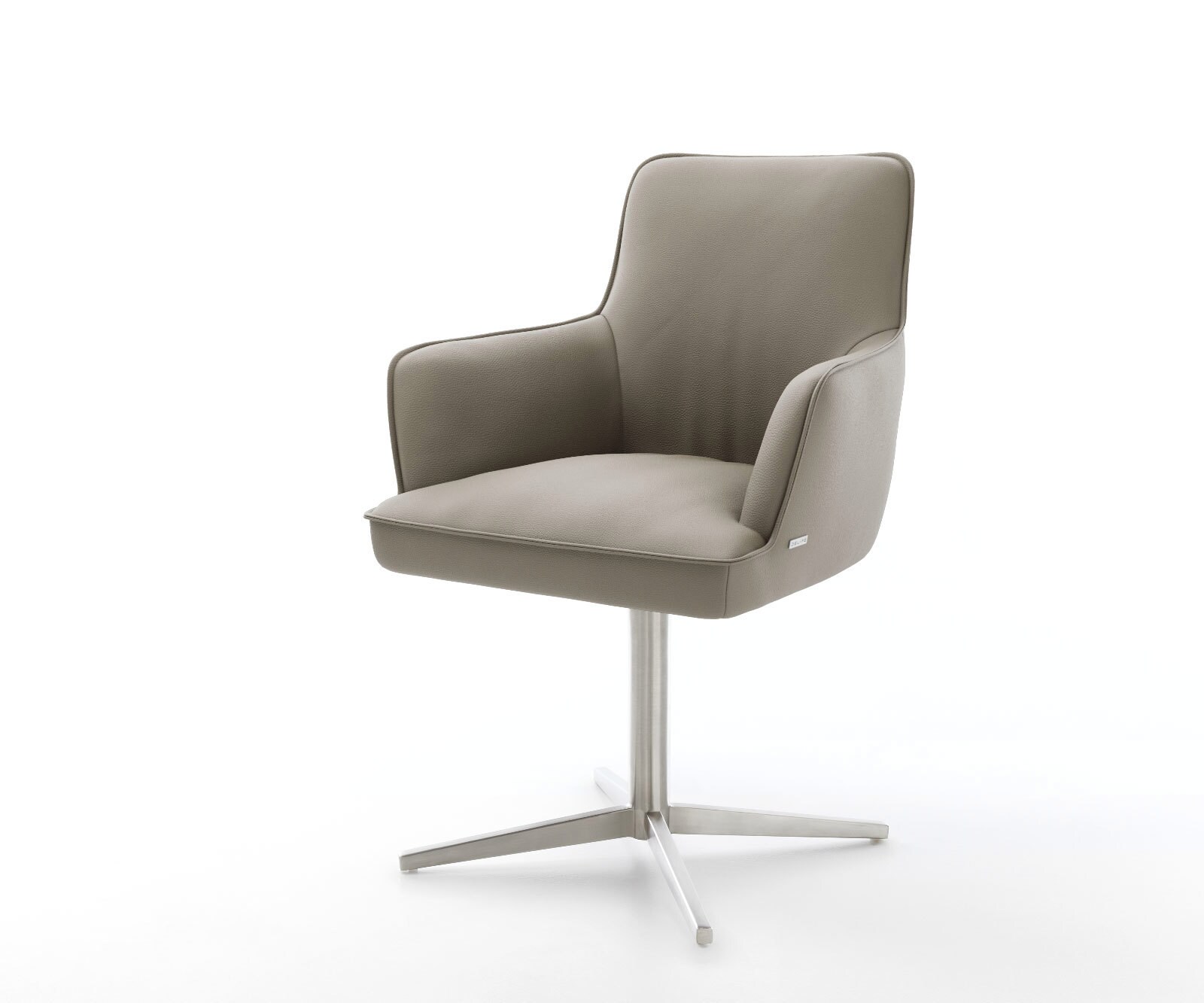 Врътящ се стол с подлакътници Естествена кожа Сиво-Кафяв Офис основа Неръждаема стомана 360° въртящ се Покет пружина Heira-Flex 1