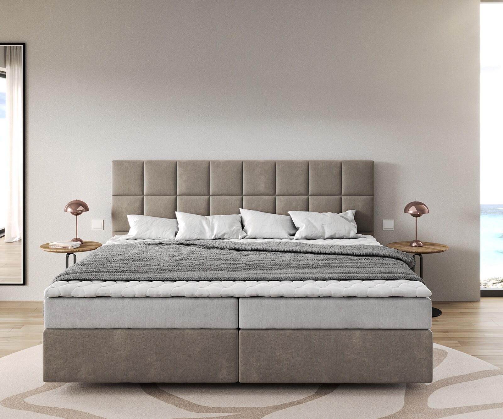 Легло Боксспринг Микрофибър Бежов 200x200 cm Бонел-Матрак PU-Топер Dream-Fine 1