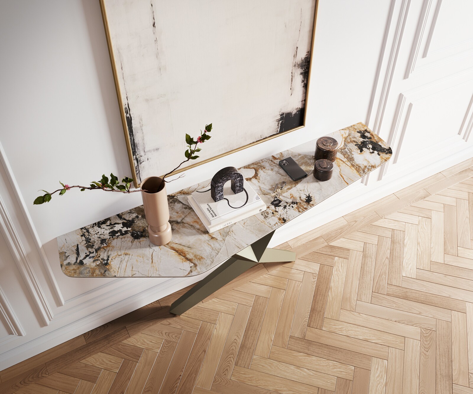 Конзолна маса Edge Polygonal 180x50 см, керамика Patagonia, полирана, Zentharo, метално покритие с ефект титан 2