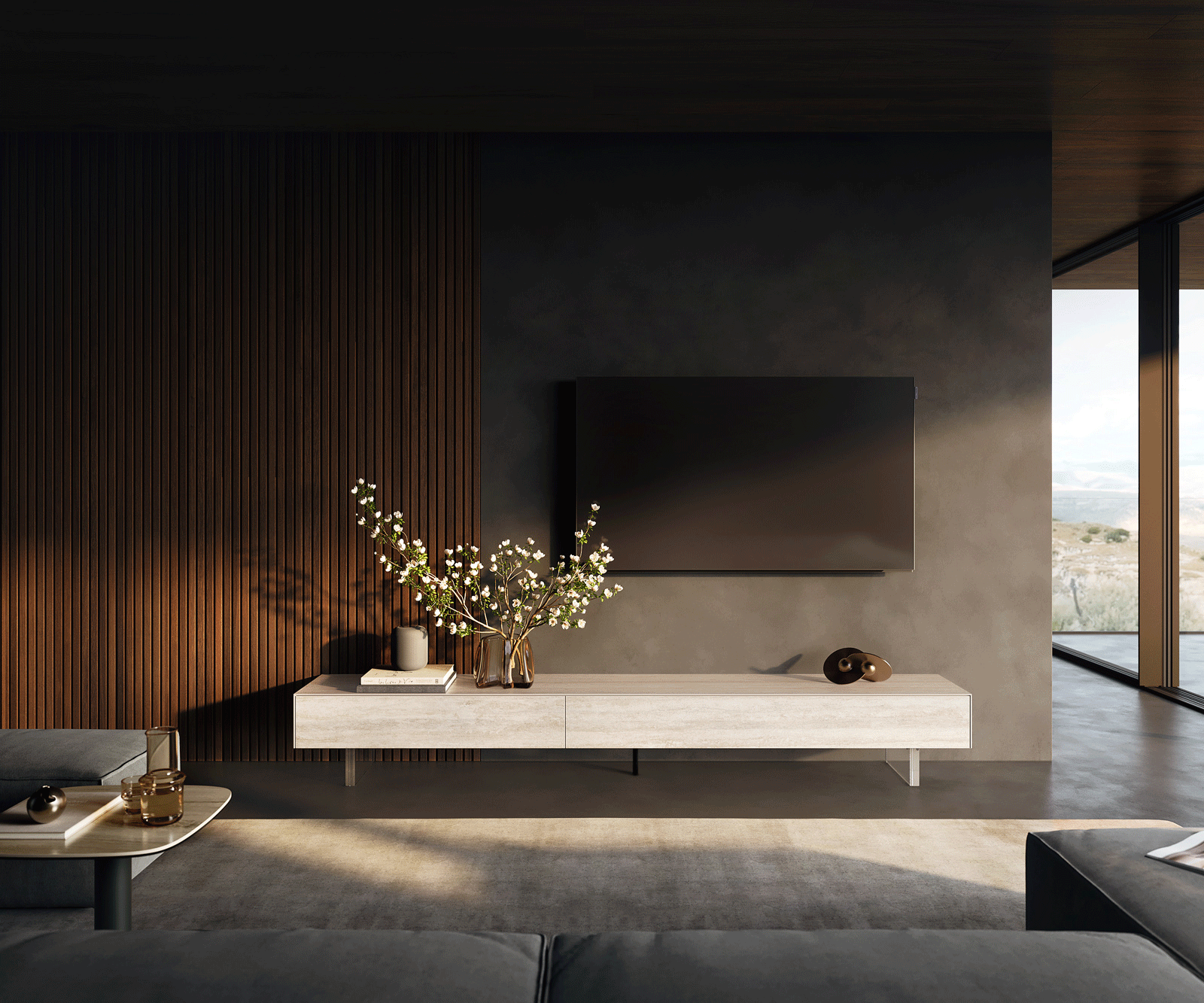 Ниска дъска Cuor 250 cm Керамичен ламинат® Travertino Bianco Крем-бяло 1 клапа 1 чекмедже Основа Плаващ вид акрилно стъкло 2