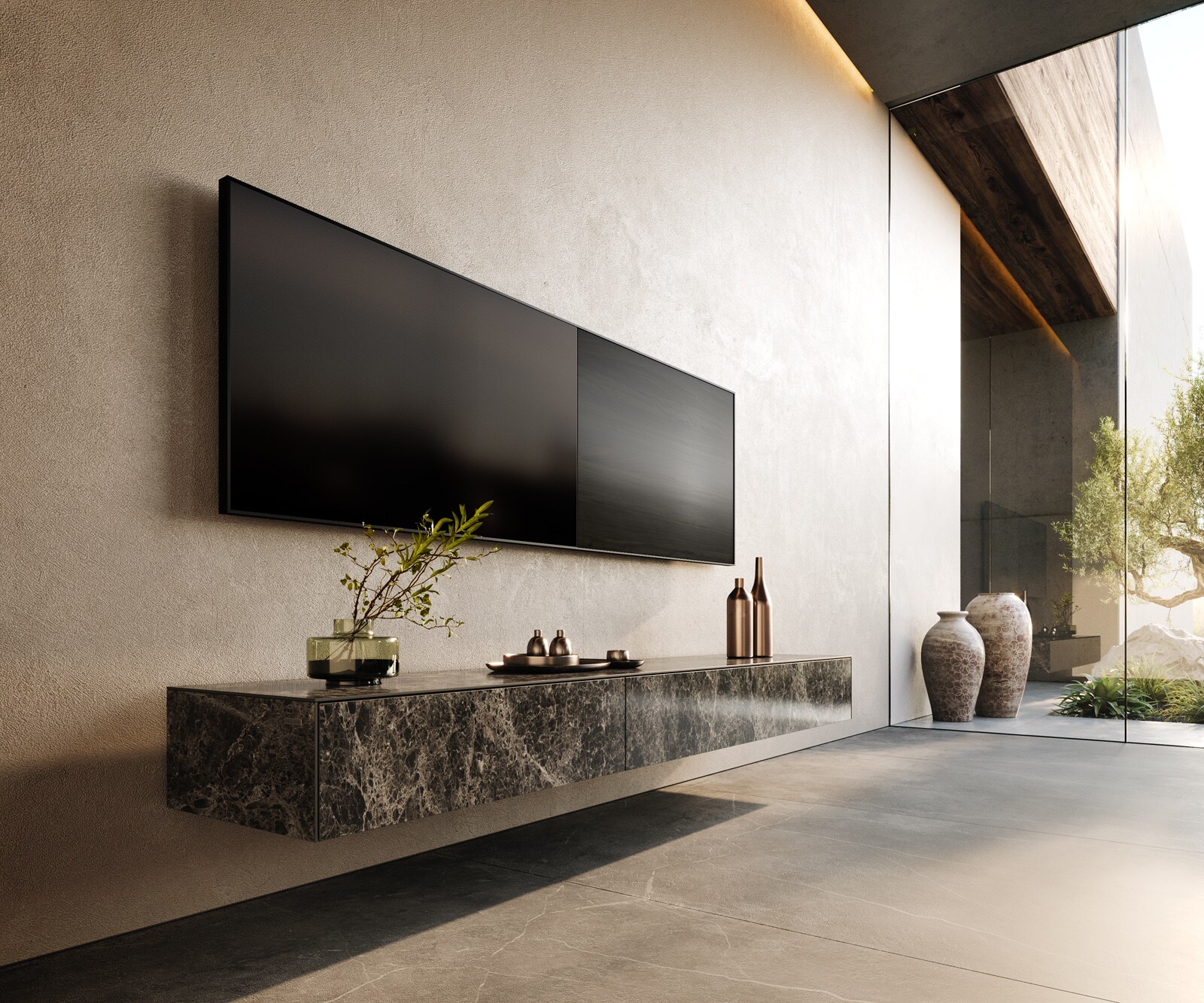 Стенен ТВ шкаф Cuor 200 см Керамика Laminam® Emperador Extra Lucidato Тъмно-кафяво 1 врата 1 чекмедже