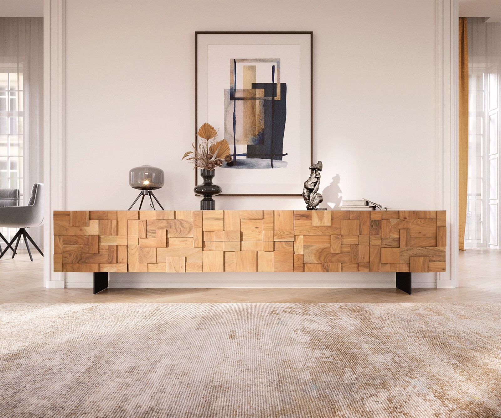 ТВ шкаф 260 cm 4 Врати 2 ЧекемеджеРафтächer Акация Натурал Крак висящ Метал Черен Puzzle 1 ТВ шкаф 260 cm 4 Врати 2 ЧекемеджеРафтächer Акация Натурал Крак висящ Метал Черен Puzzle 1