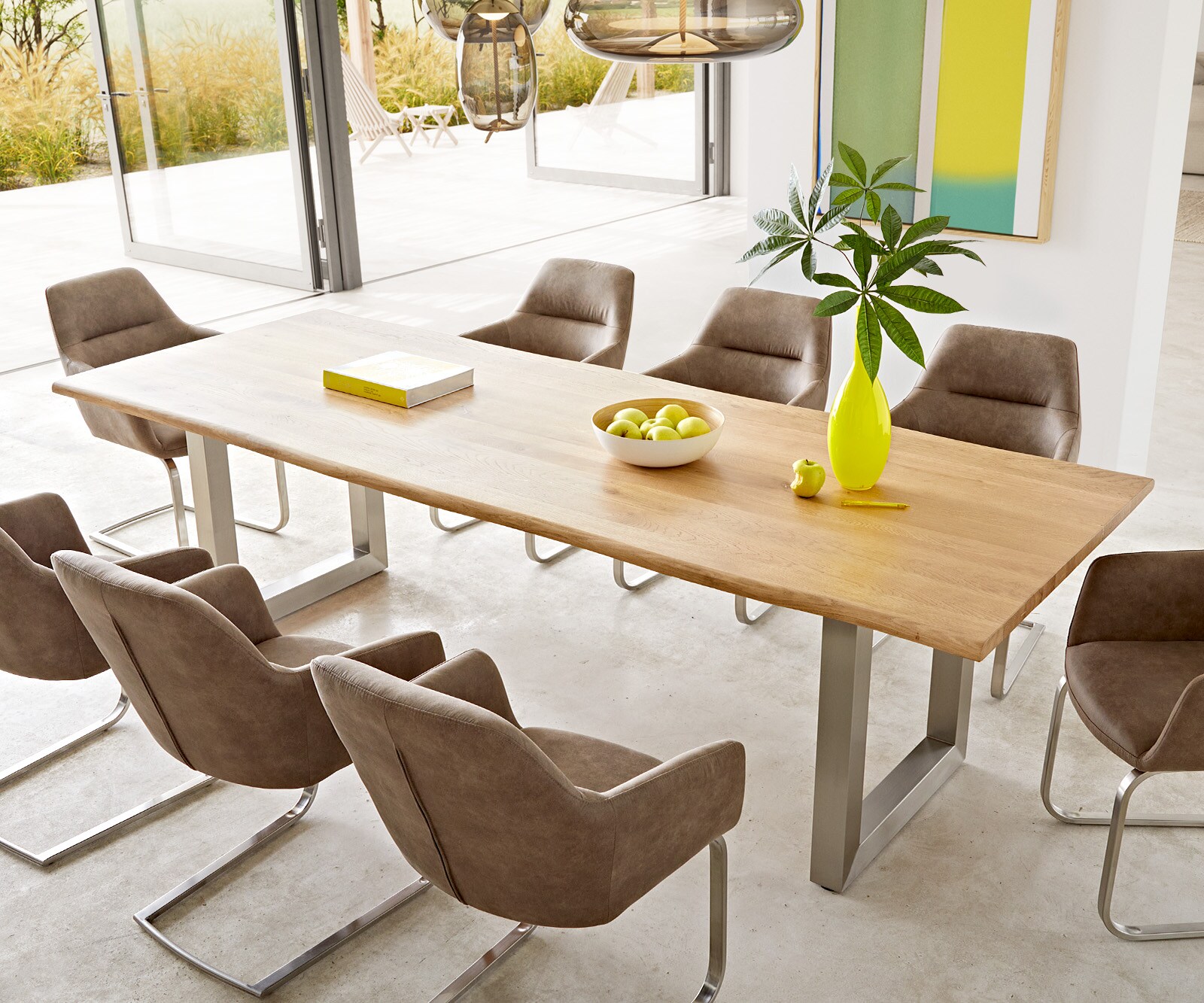 Трапезна маса Edge 260x100x2,5-3, естествен дъб, неръждаема стомана, широка, с естествени ръбове