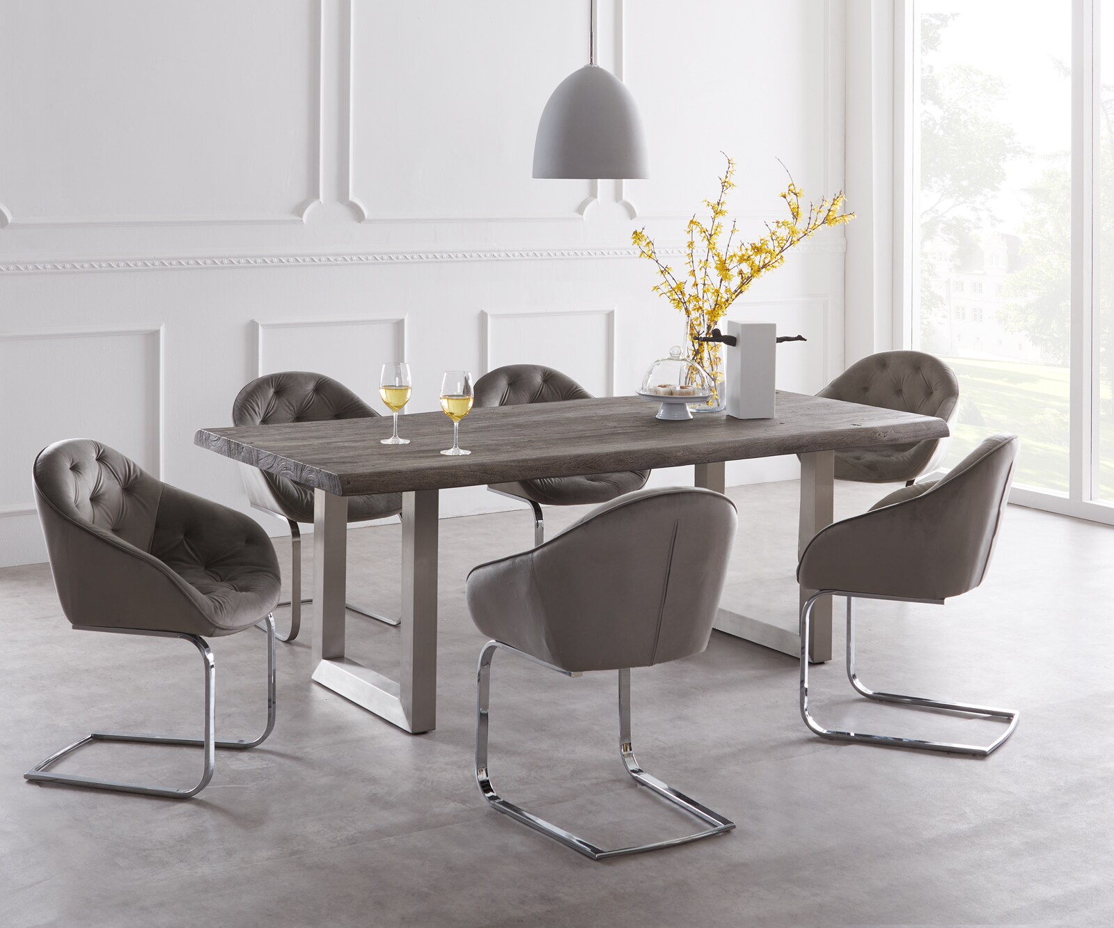 Маса 220x100cm XL Акация Платинен цвят Неръждаема стомана Широк профил Edge 1